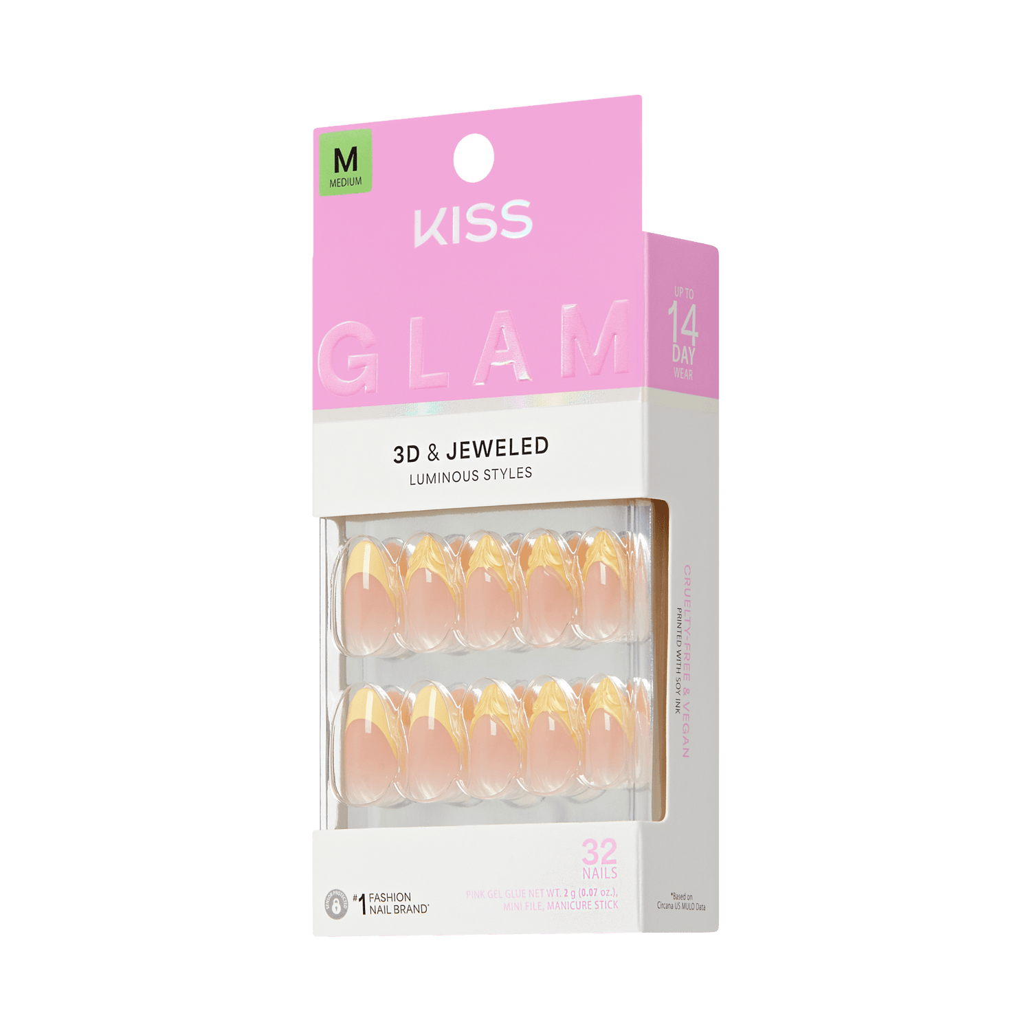 Kiss Glam Jeweled Press On Fake Glue Nails - Gleam Catcher | 3D &amp; Jeweled French, Yellow, Medium, Almond