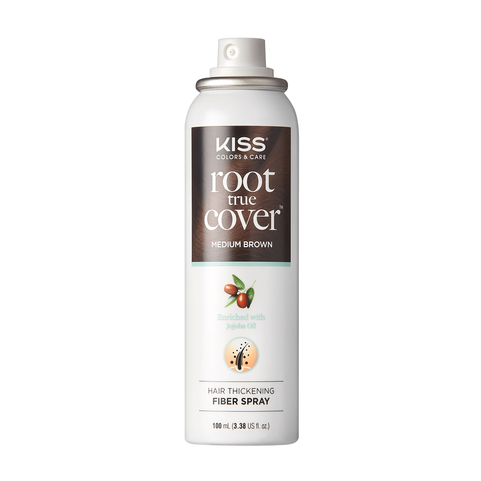 The image features a can of KISS Root True Cover hair spray in a medium brown shade. The can is designed with a sleek, modern look, prominently displaying the brand name "KISS" at the top. Below the brand name, the product is labeled as "Root True Cover" and specifies the color "Medium Brown." The can also highlights that it is enriched with jojoba oil and is a hair thickening fiber spray. The overall design is clean and professional, with a focus on the product&