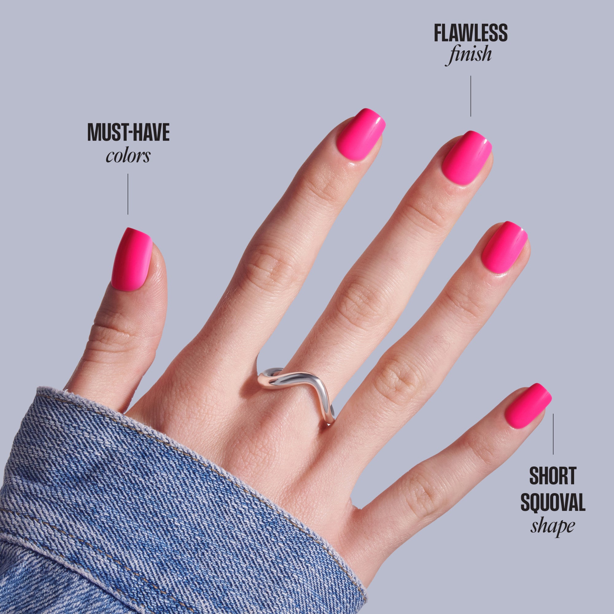 Bright pink matte nail polish on short squoval nails with flawless finish demonstration.