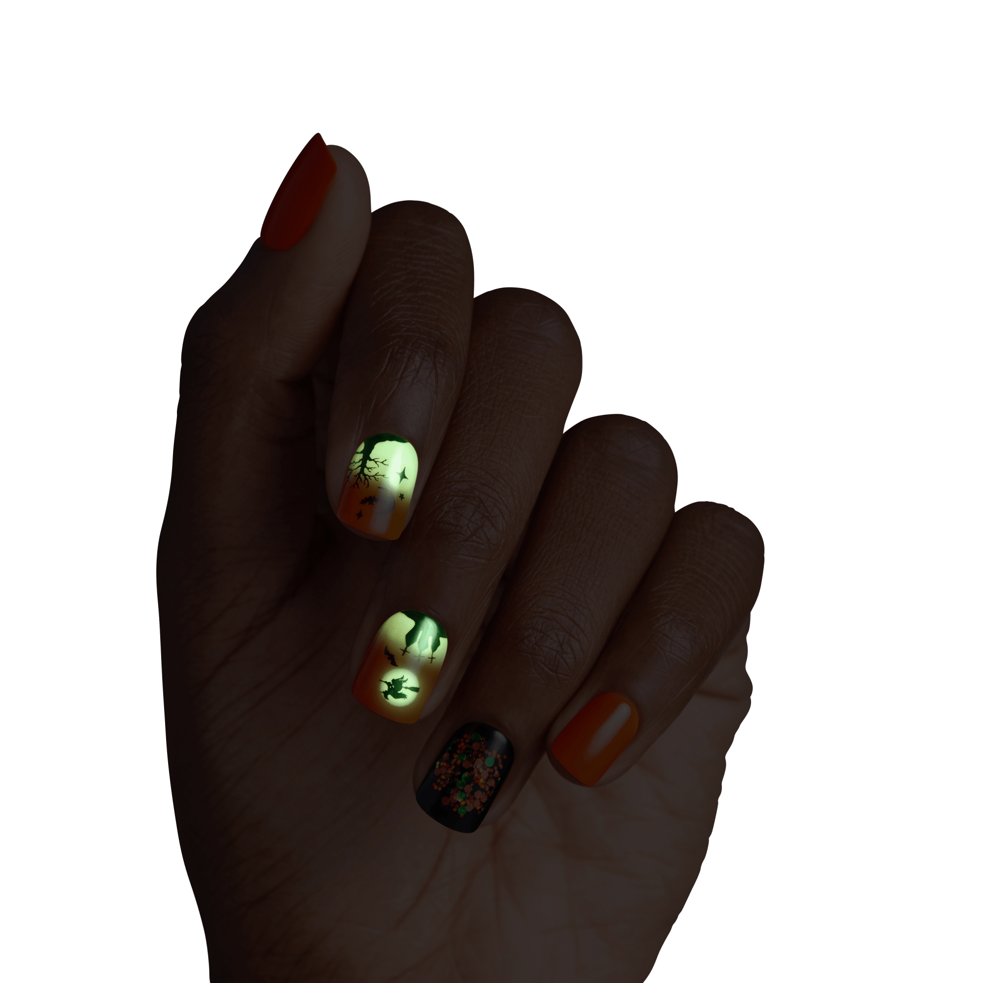 Impress Design Halloween No Glue Fake Press On Nails - Eternal Night | Design, Orange &amp; Black, Short, Squoval, Glow In The Dark, Manicure