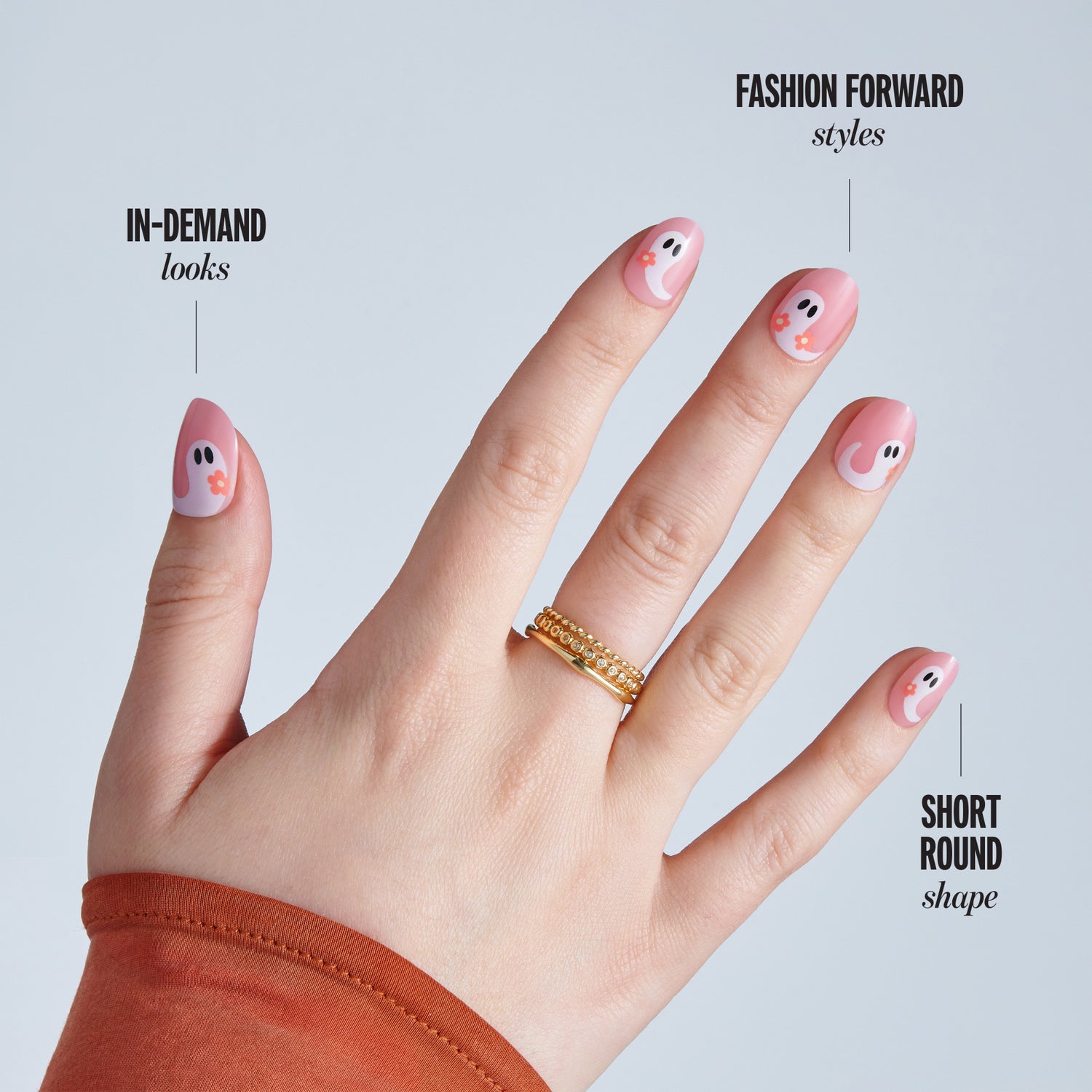 Kiss Haunt Halloween Press On Fake Glue Nails - Cursed But Cute | Design, Pink, Short, Round, Glow In The Dark