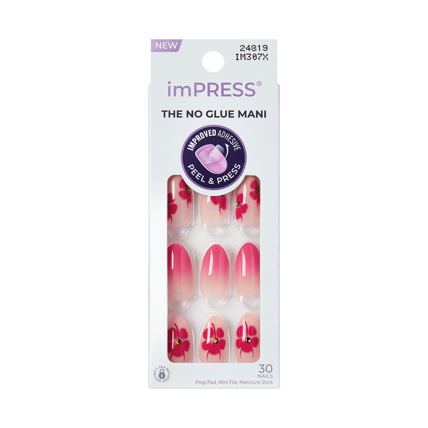 imPRESS The No Glue Mani press-on nails packaging, 30 nails, featuring pink floral designs with rhinestones on pink gradient nails, Peel &amp; Press improved adhesive technology