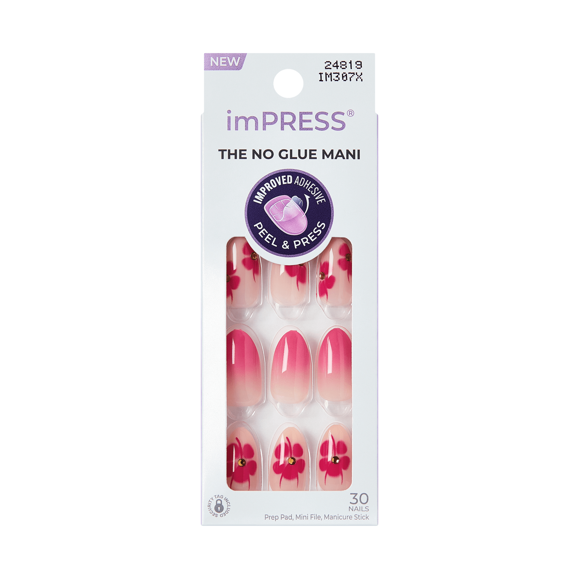 imPRESS The No Glue Mani press-on nails packaging, 30 nails, featuring pink floral designs with rhinestones on pink gradient nails, Peel &amp; Press improved adhesive technology