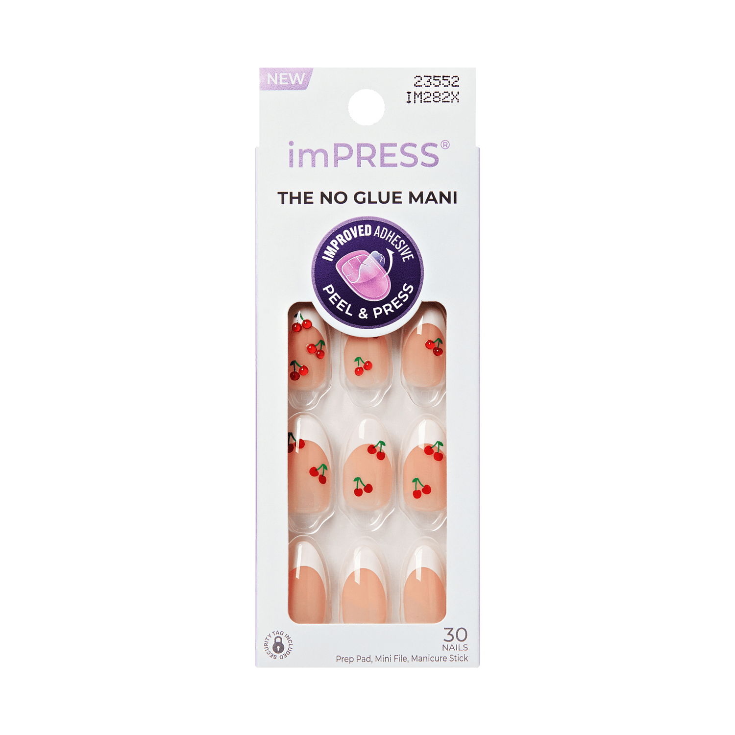 imPRESS no glue mani packaging with cherry design on a transparent background