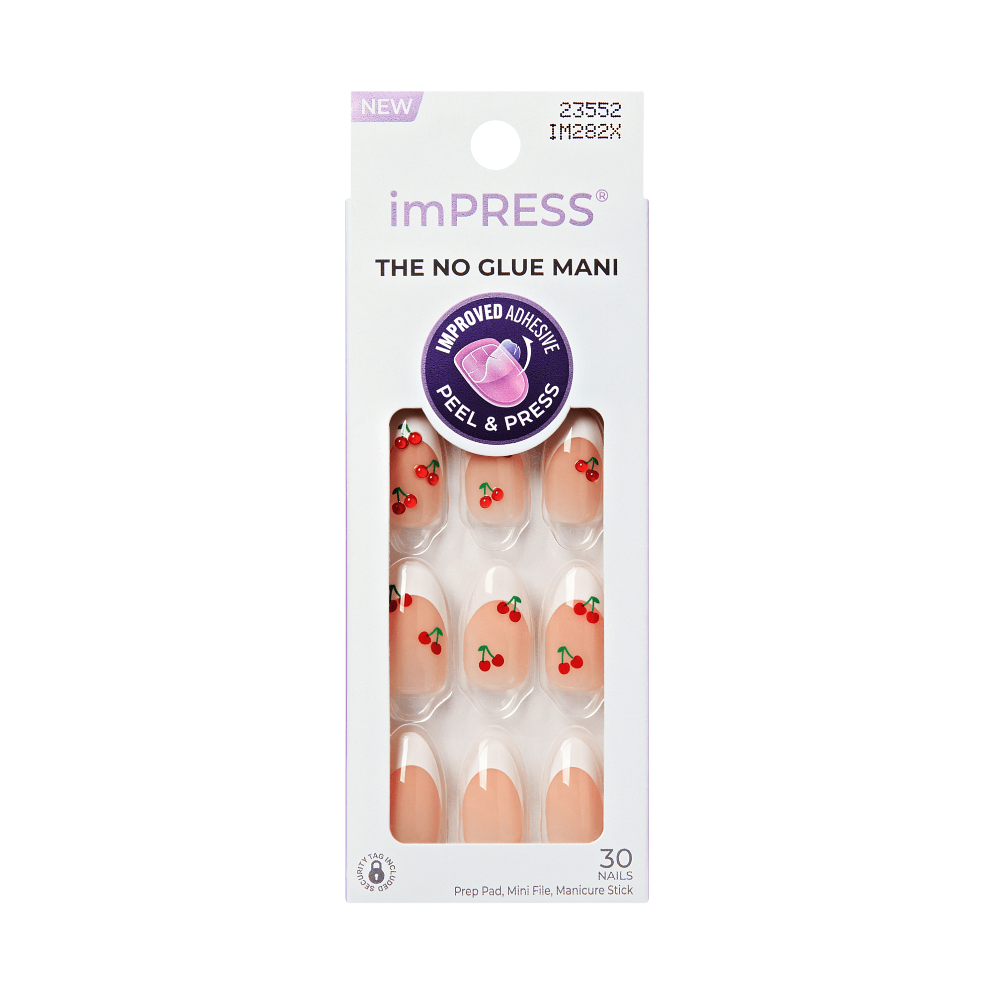 imPRESS no glue mani packaging with cherry design on a transparent background