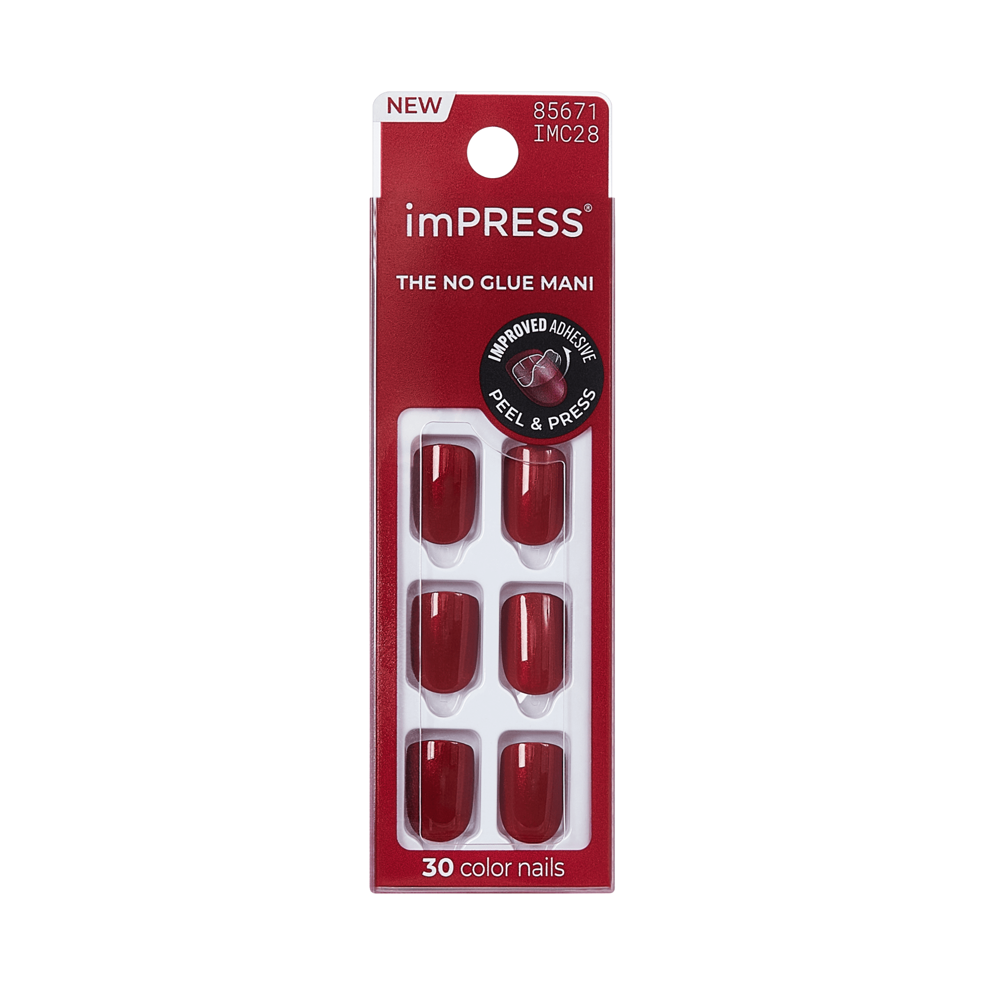 Impress Color No Glue Fake Press On Nails - Red Velvet | Solid, Red, Short, Squoval, Manicure