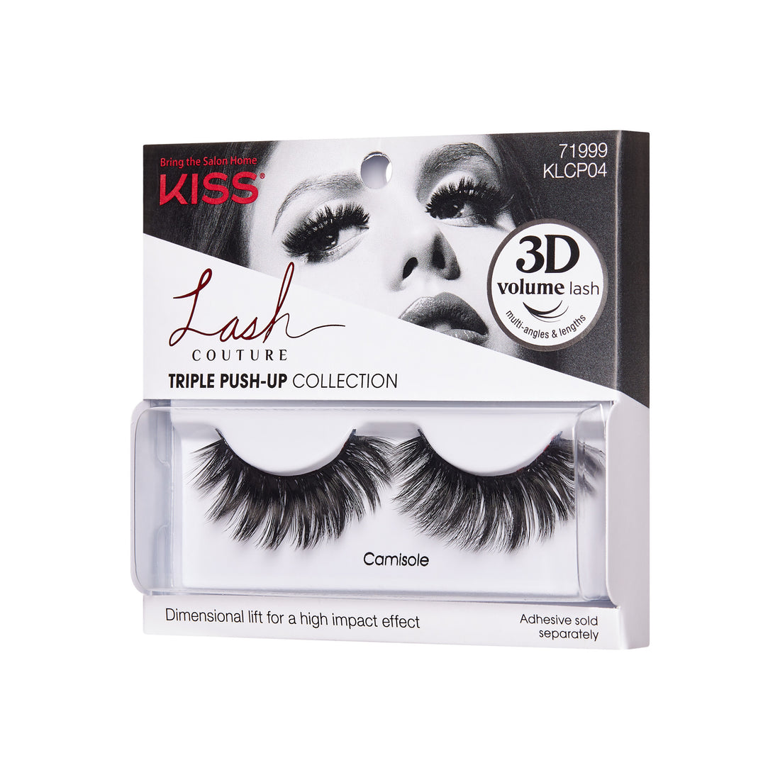 KISS Lash Couture Triple Push-Up 3D Volume Lashes in Camisole style packaging with false lashes displayed.