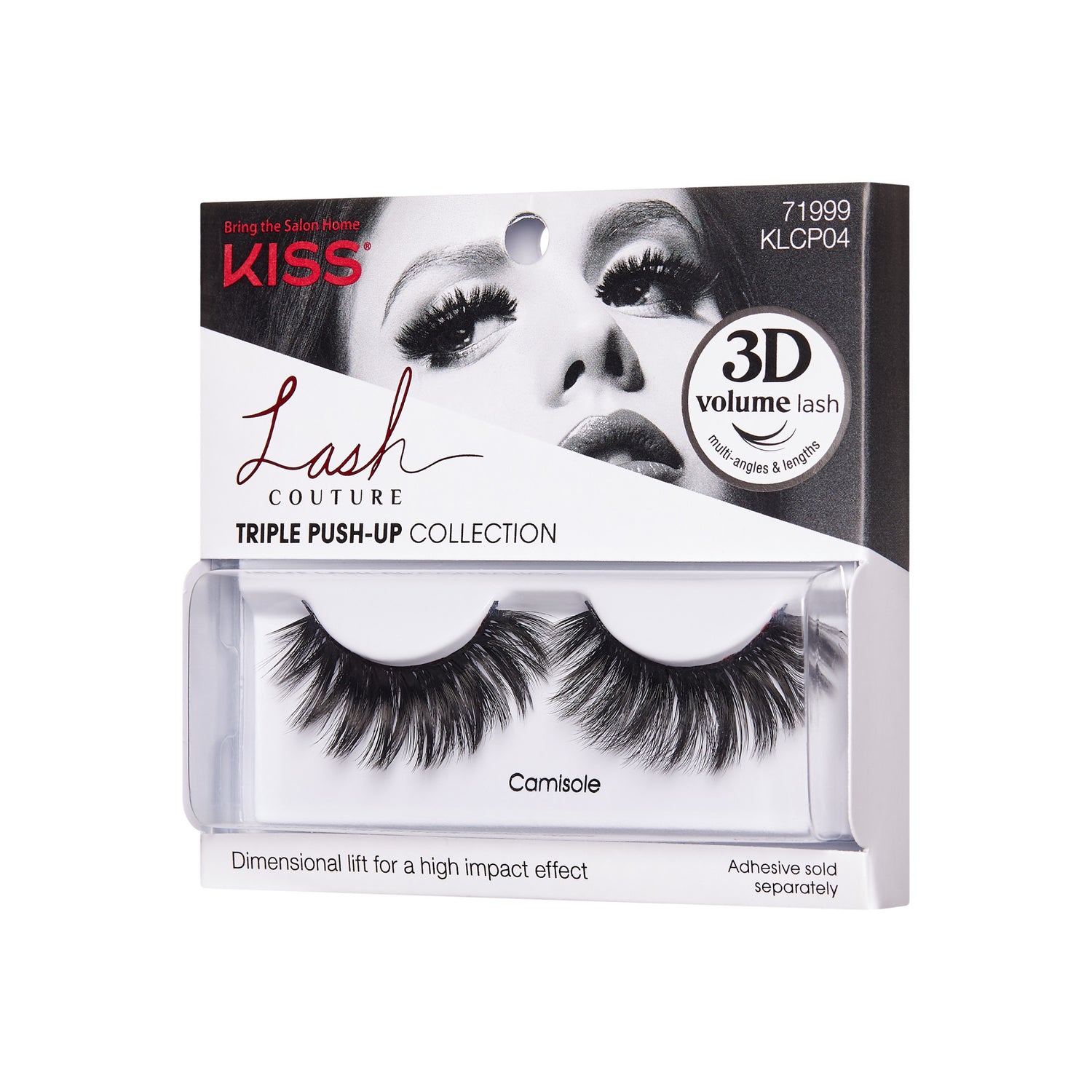 KISS Lash Couture Triple Push-Up 3D Volume Lashes in Camisole style packaging with false lashes displayed.