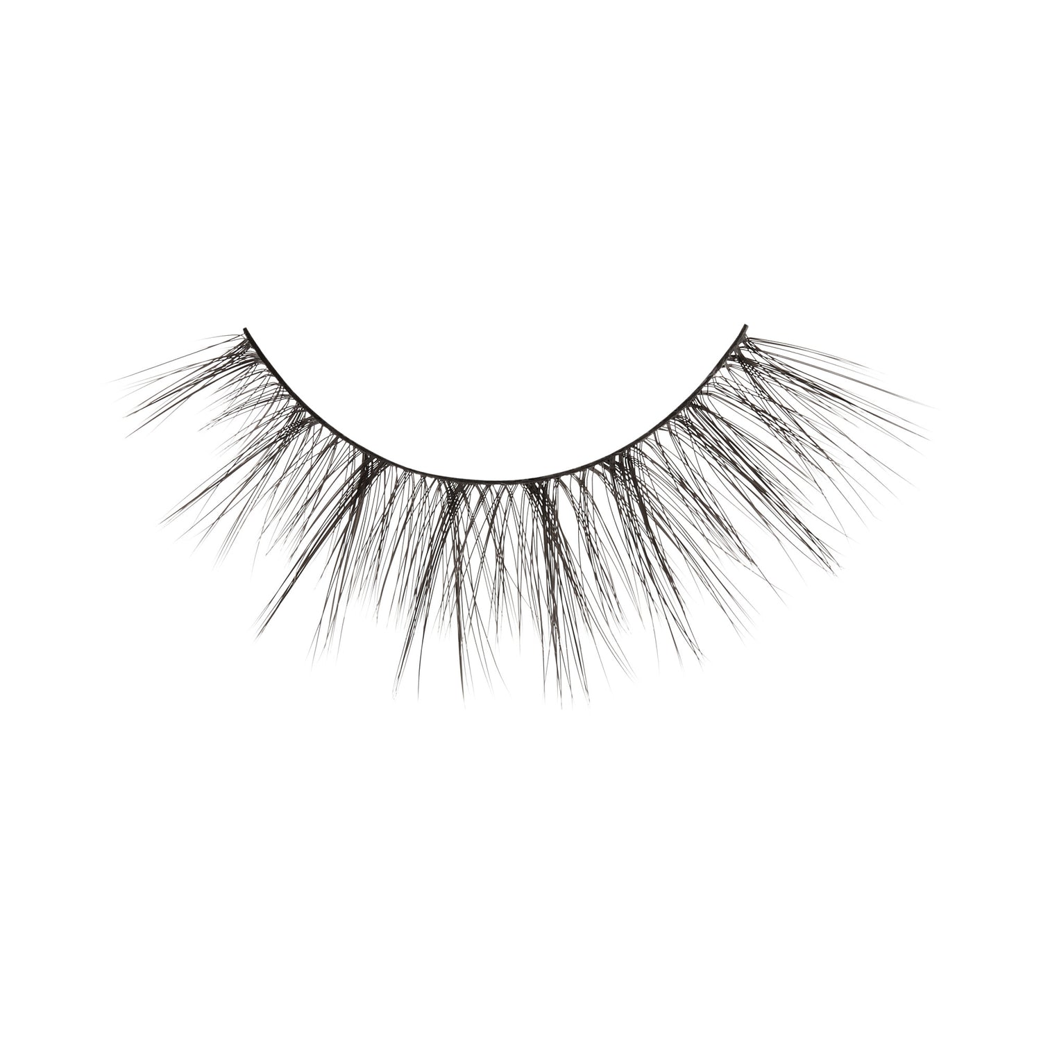 False eyelashes with black band and wispy strands on white background.