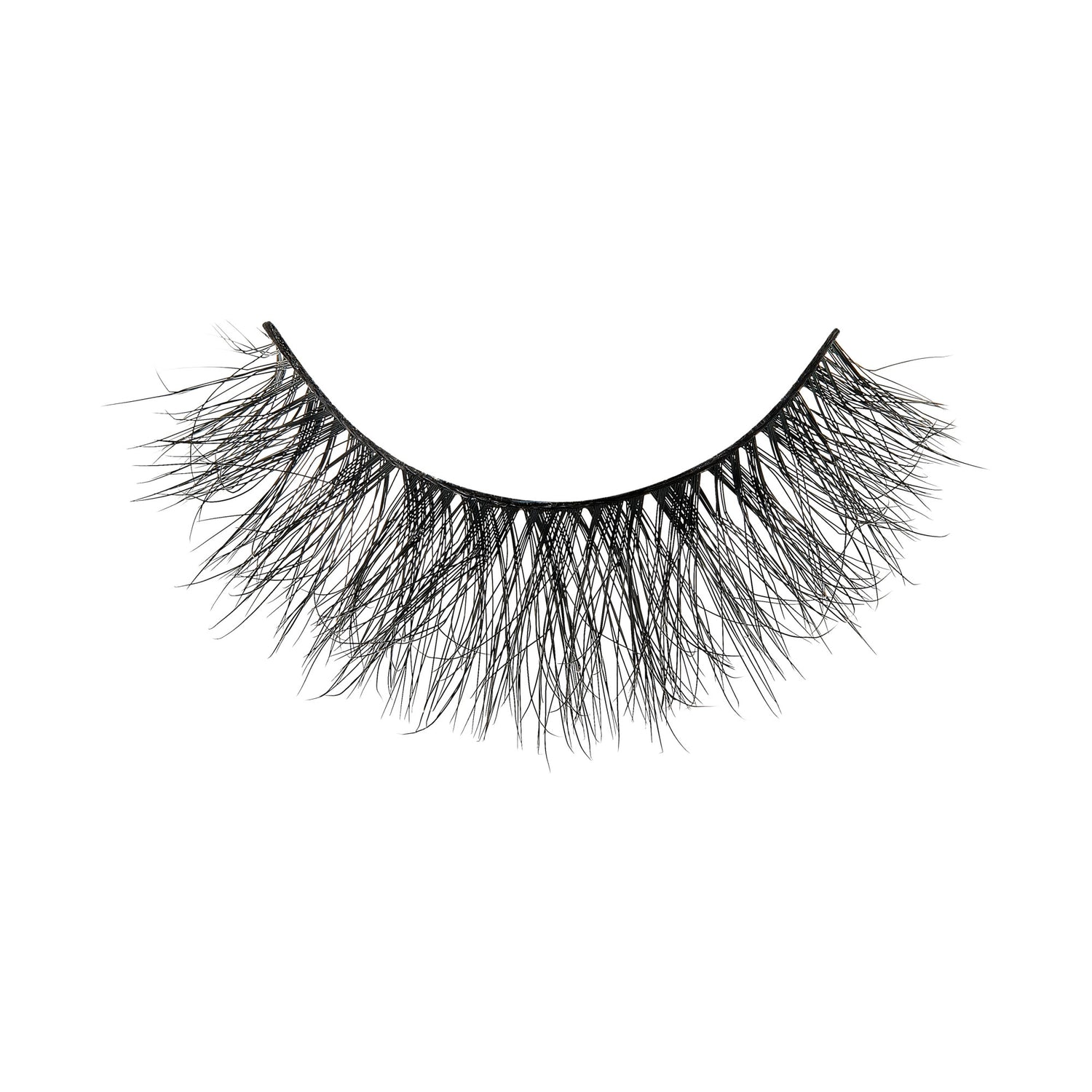 Dramatic black false eyelashes with full, layered lashes on white background.
