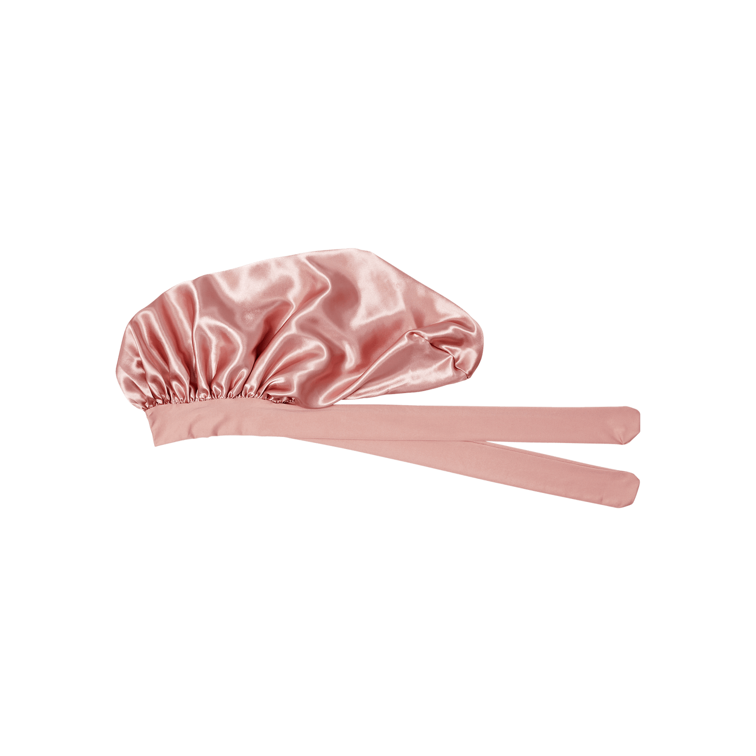 Pink satin bonnet with adjustable ties for hair protection.