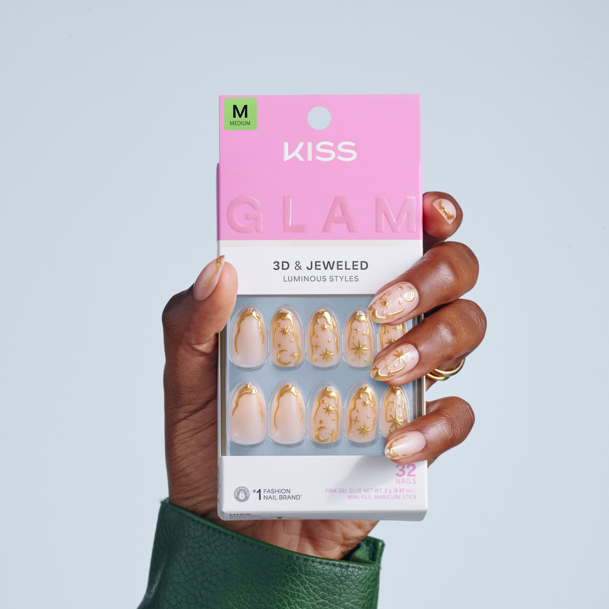 Kiss Glam 3D &amp; Jeweled Press On Fake Glue Nails - Golden | 3D &amp; Jewel Design, Gold, Medium, Almond