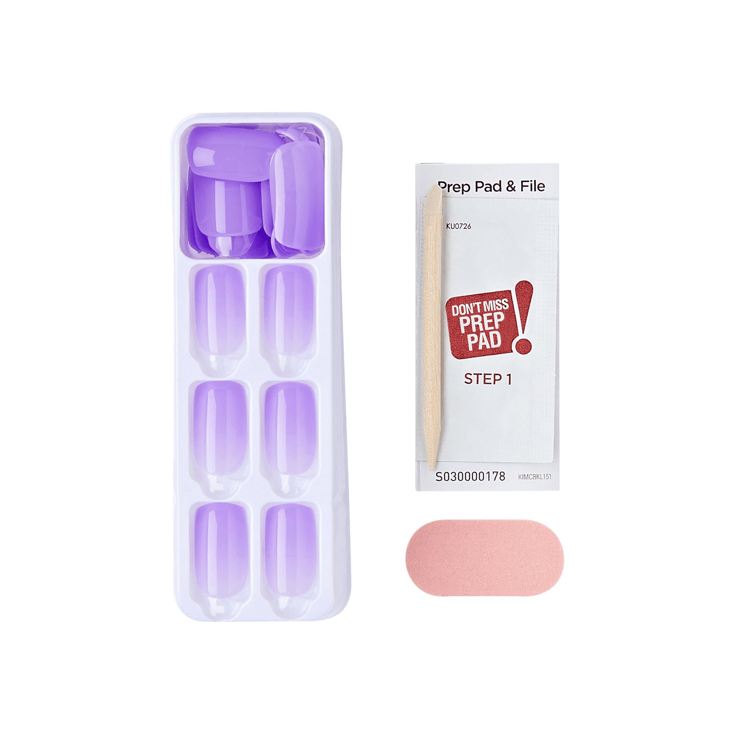 The image shows a set of items typically used for nail care or applying artificial nails. The items include:

1. A tray containing eight purple artificial nails.
2. A wooden cuticle stick.
3. A small rectangular packet labeled "Prep Pad &amp; File" with instructions for "Step 1."
4. A small pink nail buffer or file.

These items are likely part of a kit for preparing and applying artificial nails.