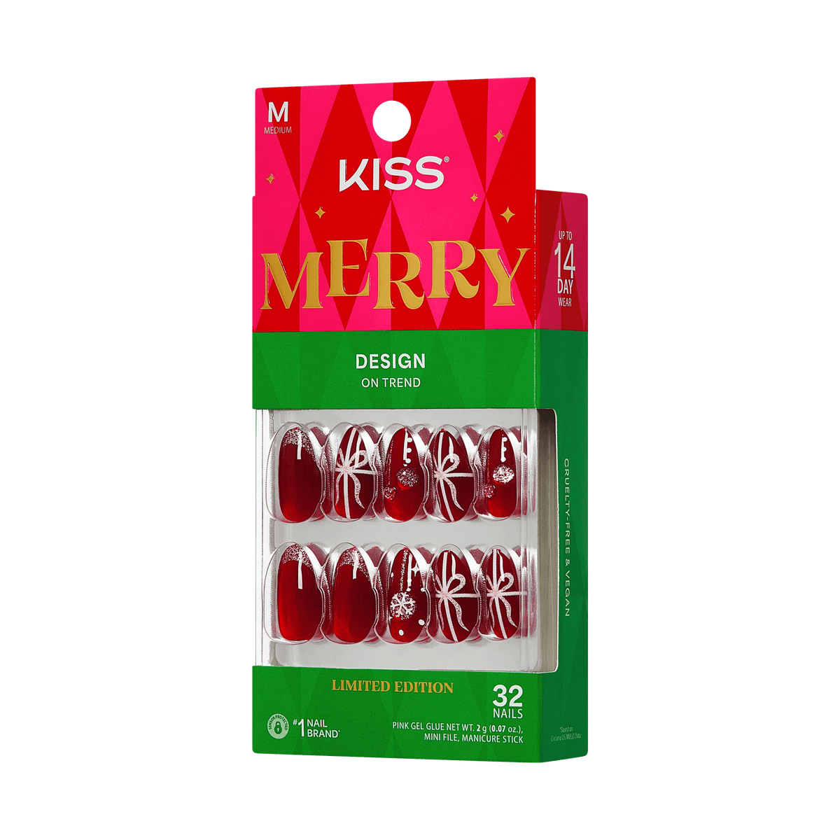 Kiss Merry Holiday Press On Fake Glue Nails - Deck The Nails | Design, Red &amp; White, Medium, Almond
