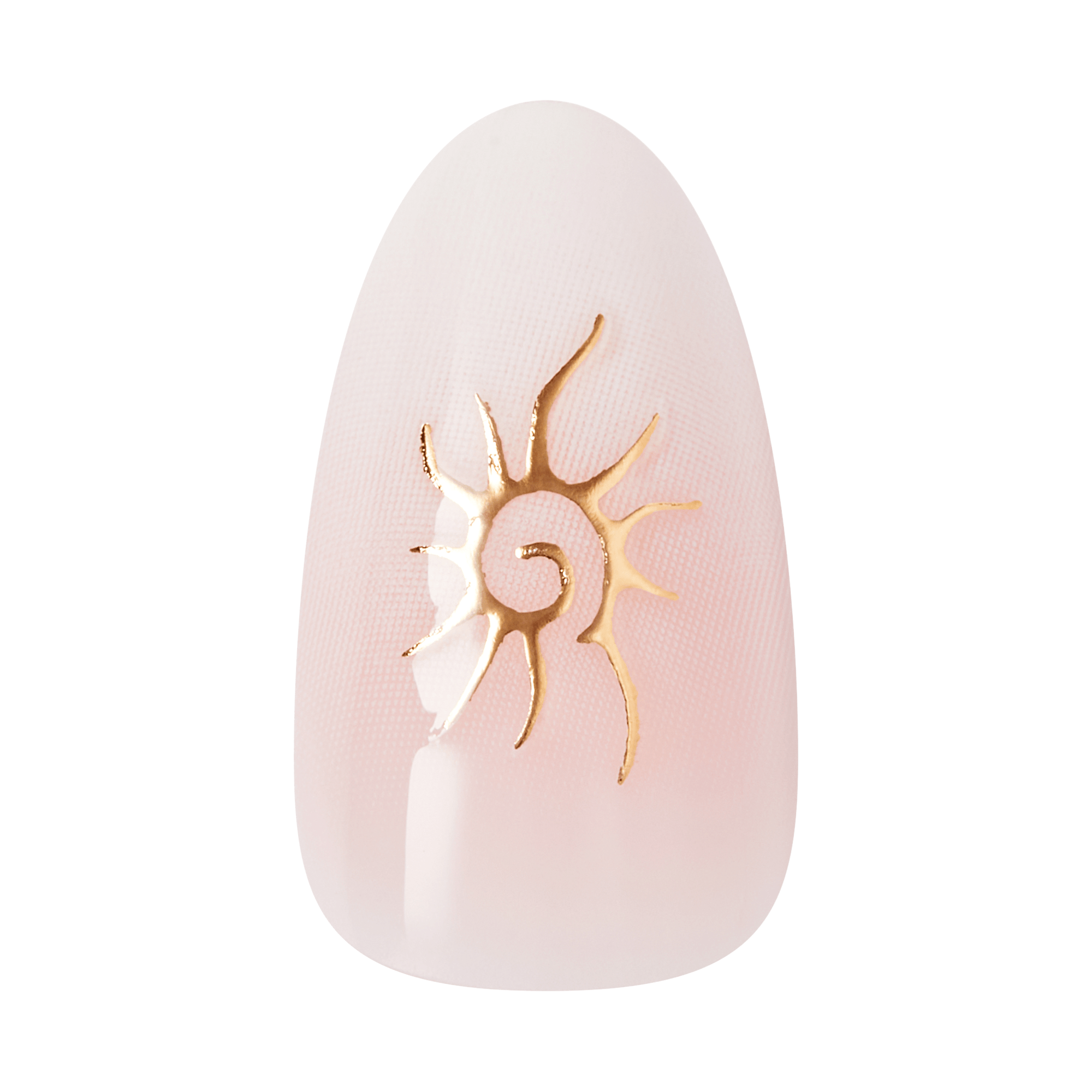 Decorative nail art with a gold sun design on a light pink background