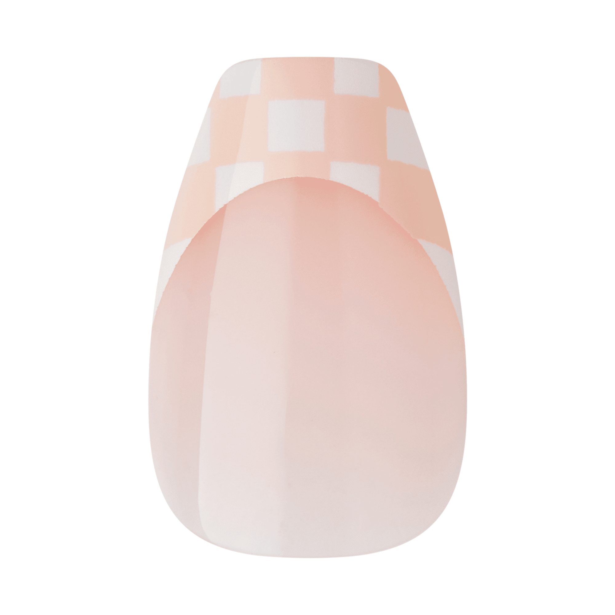 The image shows a single artificial nail with a decorative design. The nail features a soft, pastel pink base color. The top portion of the nail is adorned with a checkered pattern consisting of alternating white and light peach squares. The design is simple yet elegant, giving the nail a stylish and modern appearance.