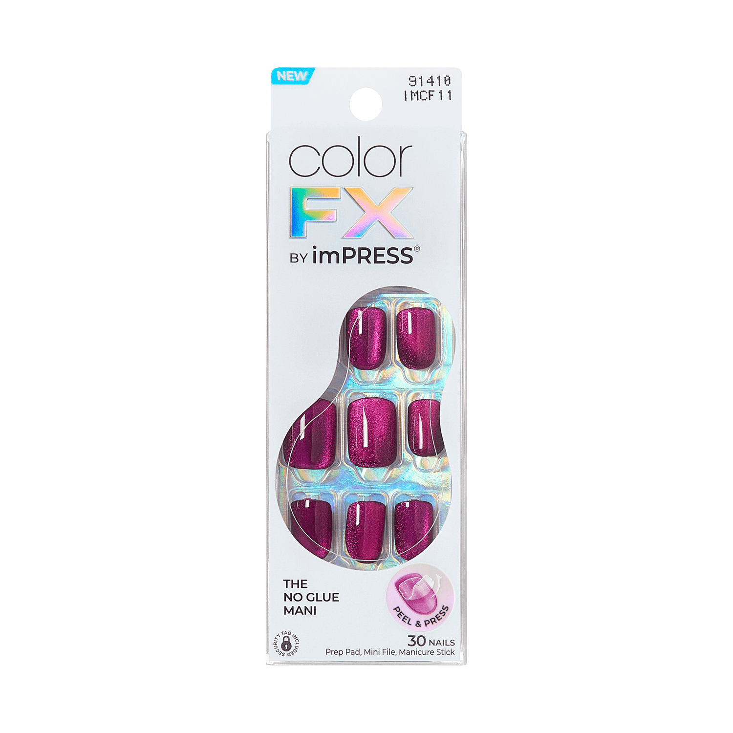 colorFX by imPRESS press-on nails in shimmering deep pink, visible through window on white packaging labeled \
