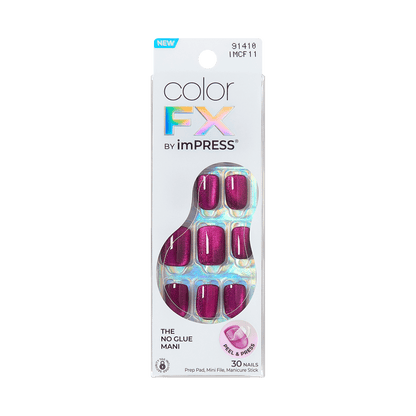 colorFX by imPRESS press-on nails in shimmering deep pink, visible through window on white packaging labeled \