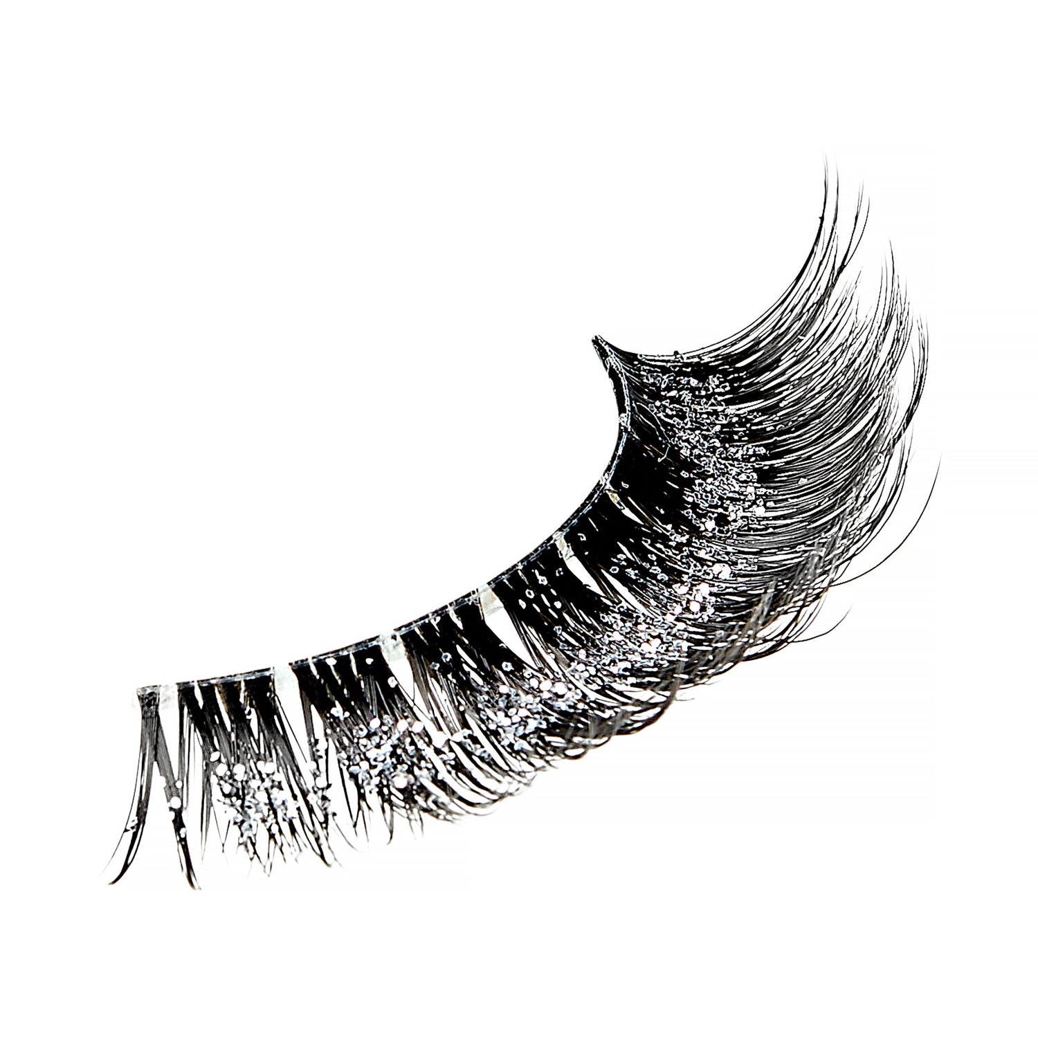 False eyelash with black band and dramatic wispy strands on white background