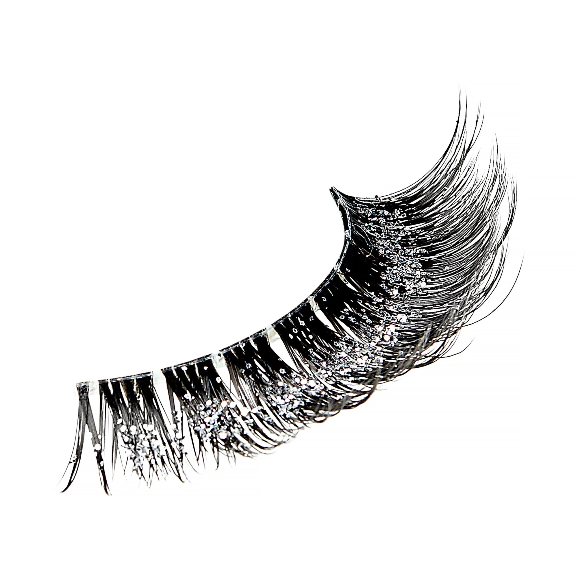 False eyelash with black band and dramatic wispy strands on white background
