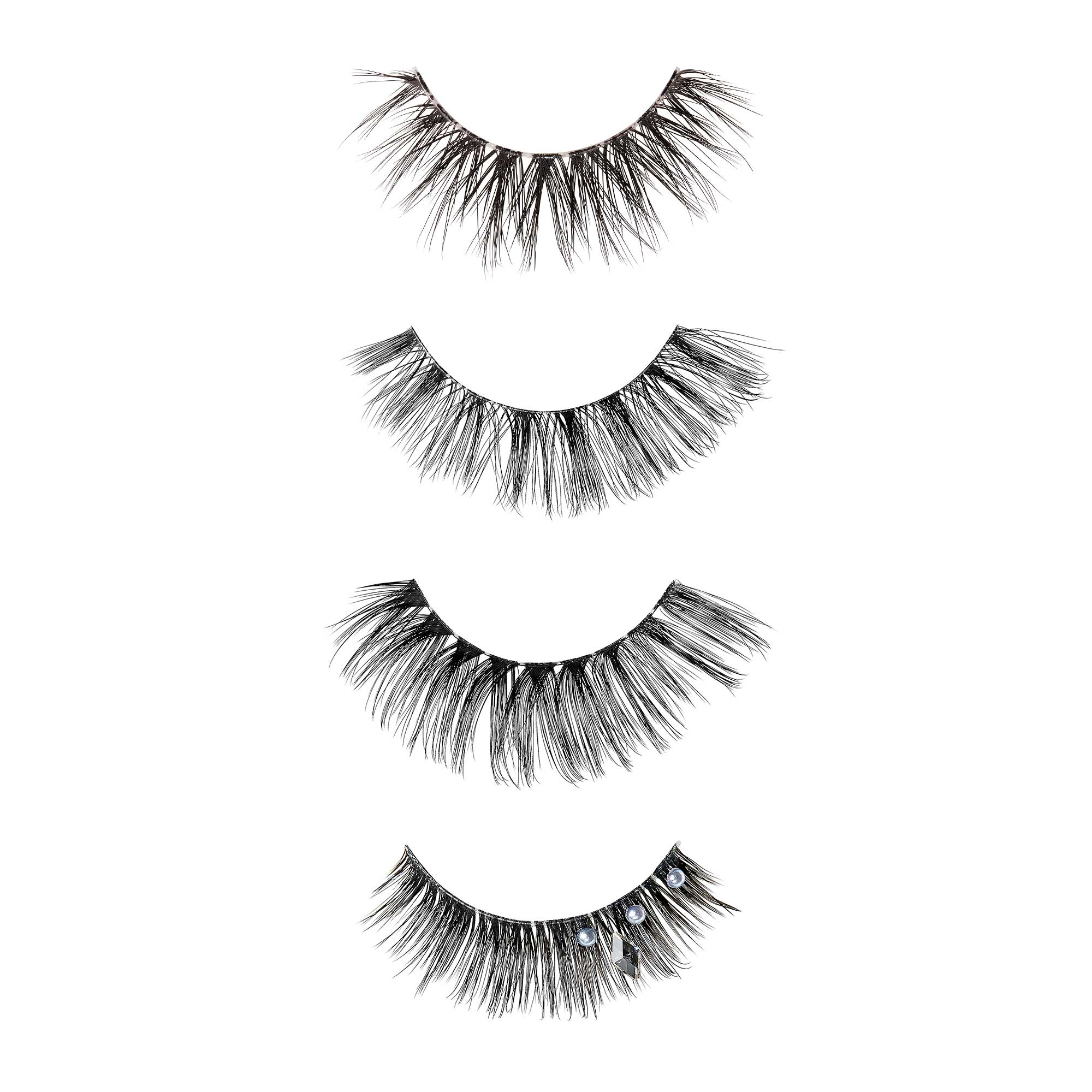 Four pairs of black false eyelashes arranged vertically on a white background, with the bottom pair featuring small clear jewels and a spiky black gem on the outer edge.