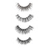 Four pairs of black false eyelashes arranged vertically on a white background, with the bottom pair featuring small clear jewels and a spiky black gem on the outer edge.