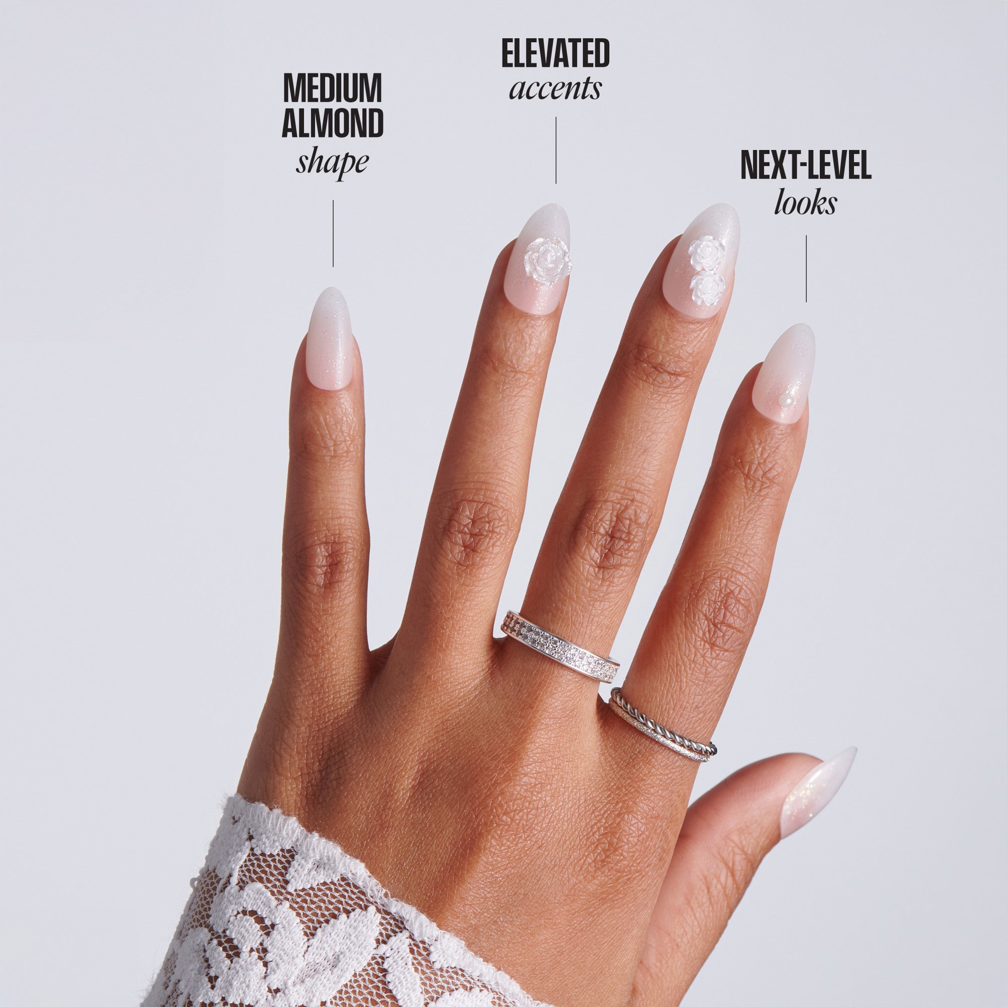 Kiss Glam Jeweled Press On Fake Glue Nails - Polaroid | 3D &amp; Jeweled Design, White, Medium, Almond