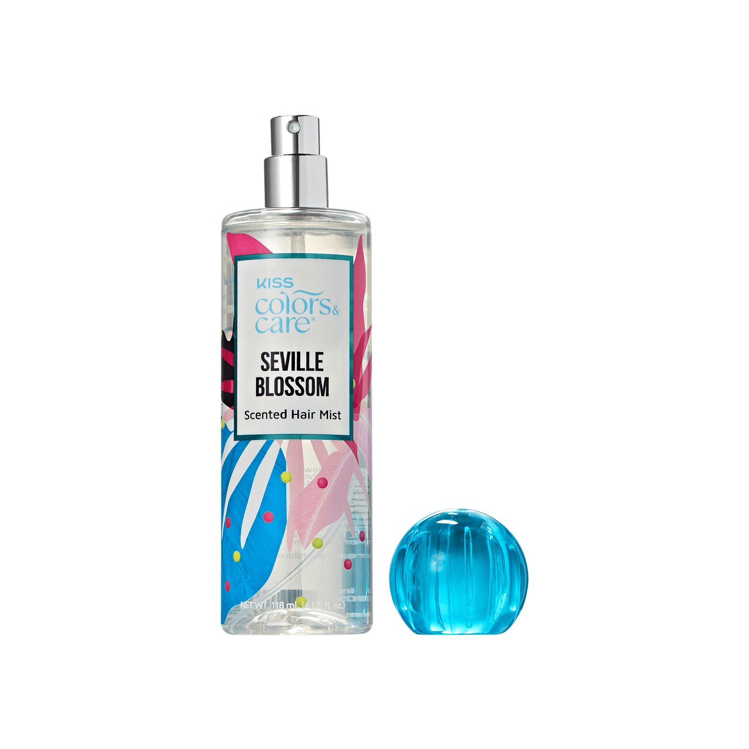 Clear spray bottle of KISS Colors &amp; Care Seville Blossom scented hair mist with colorful floral design and a detached blue round cap.