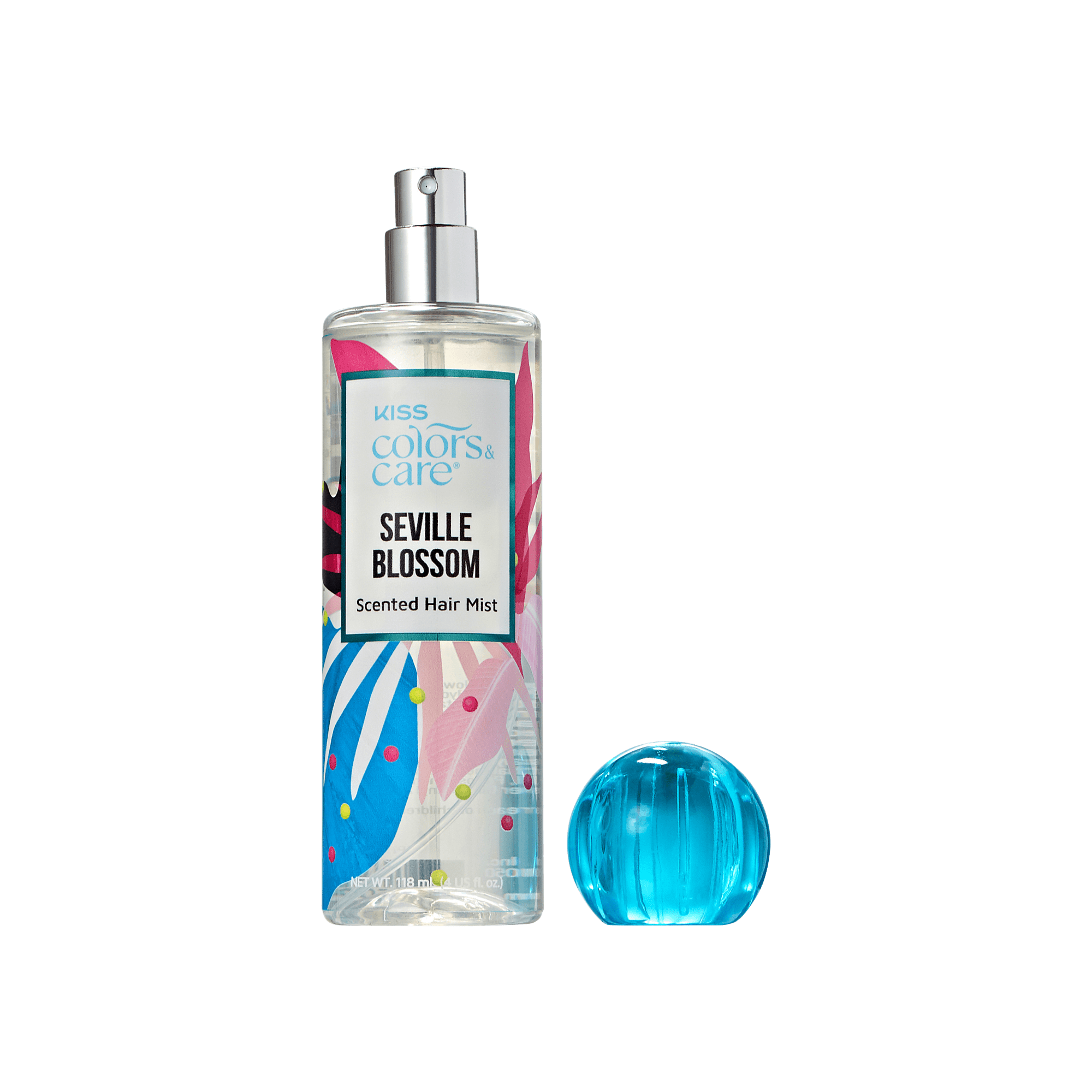 Clear spray bottle of KISS Colors &amp; Care Seville Blossom scented hair mist with colorful floral design and a detached blue round cap.
