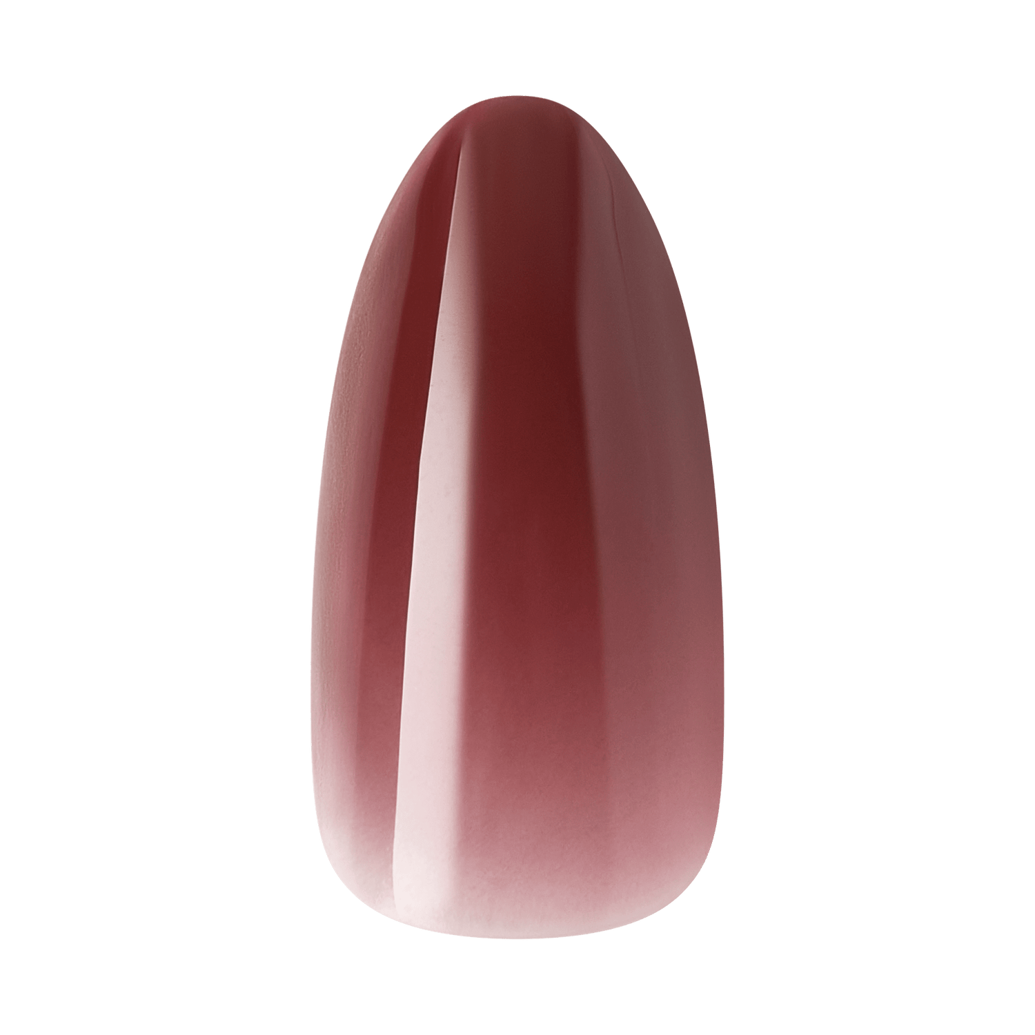 Almond-shaped nail polish swatch in burgundy-to-nude ombre gradient.