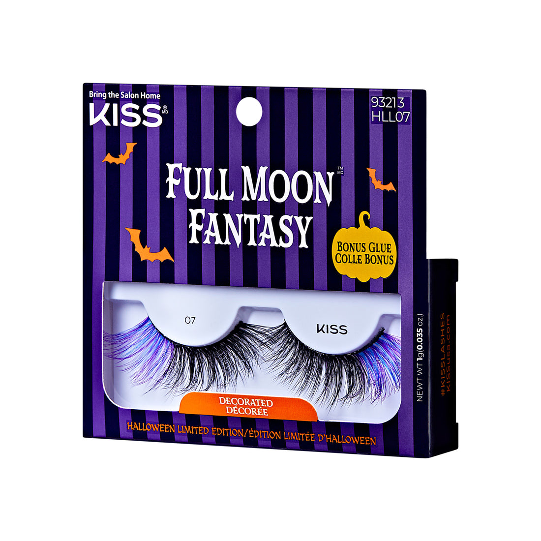 The image shows a package of false eyelashes from the brand "KISS." The product is named "Full Moon Fantasy" and is part of a Halloween limited edition. The packaging is predominantly purple with black vertical stripes and features Halloween-themed decorations such as bats and a crescent moon. The package includes a bonus glue. The eyelashes are labeled as "Decorated" and have the number "07" on them. The product code "93213 HLL07" is also visible on the packaging.