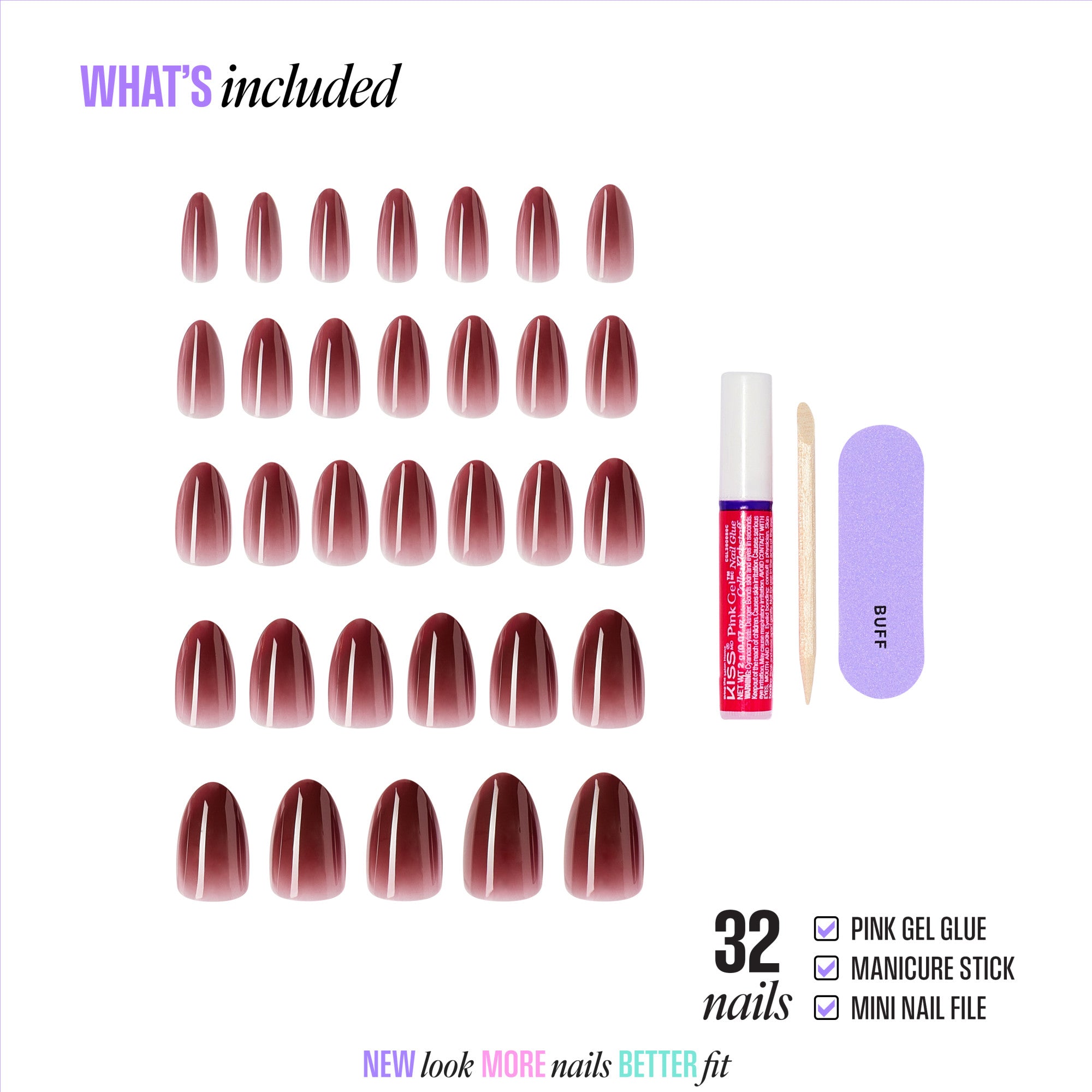 32-piece burgundy ombre press-on nail kit with gel glue, manicure stick, and file