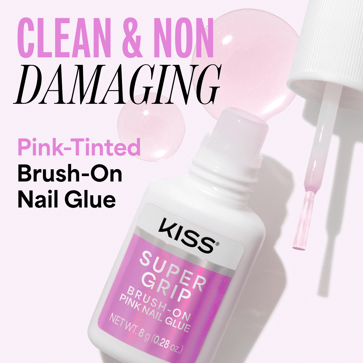 Kiss SuperGrip Brush-On Pink Nail Glue | Nail Adhesive, Press-On Glue, Vitamin E Infused, Long-Lasting Wear, Clean &amp; Strong, Pink Tint, 0.28 oz.