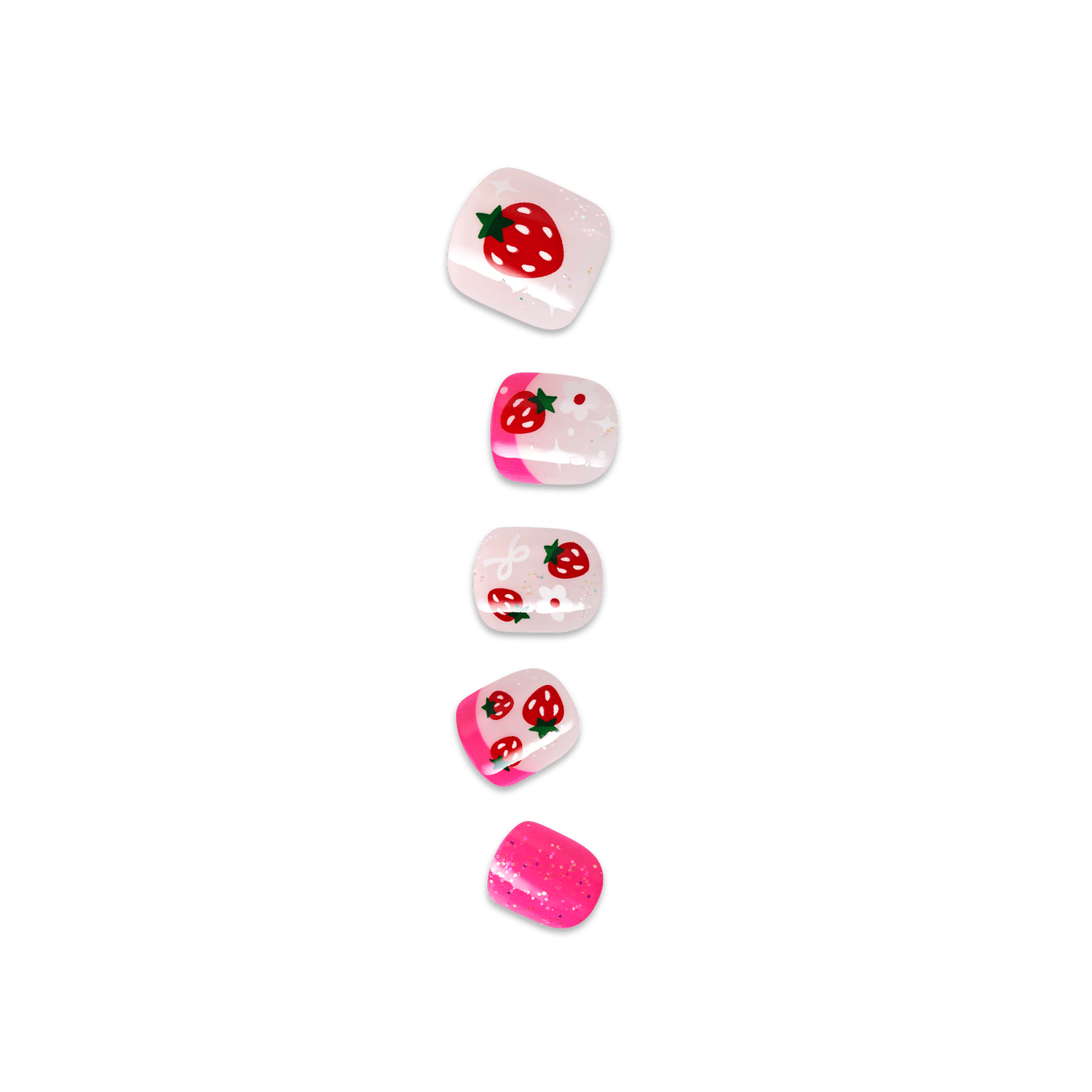 Five strawberry-patterned nail polish bottles in pink and white shades