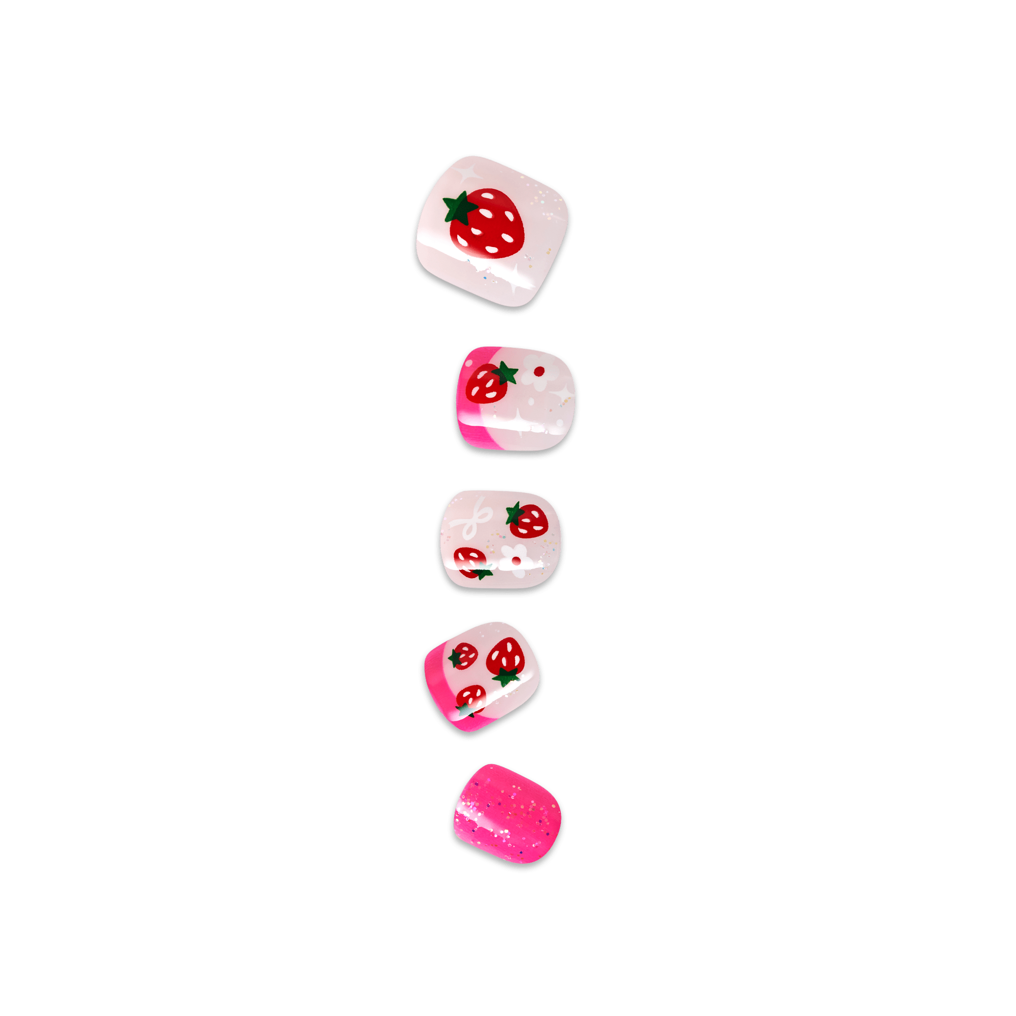 Five strawberry-patterned nail polish bottles in pink and white shades