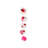 Five strawberry-patterned nail polish bottles in pink and white shades