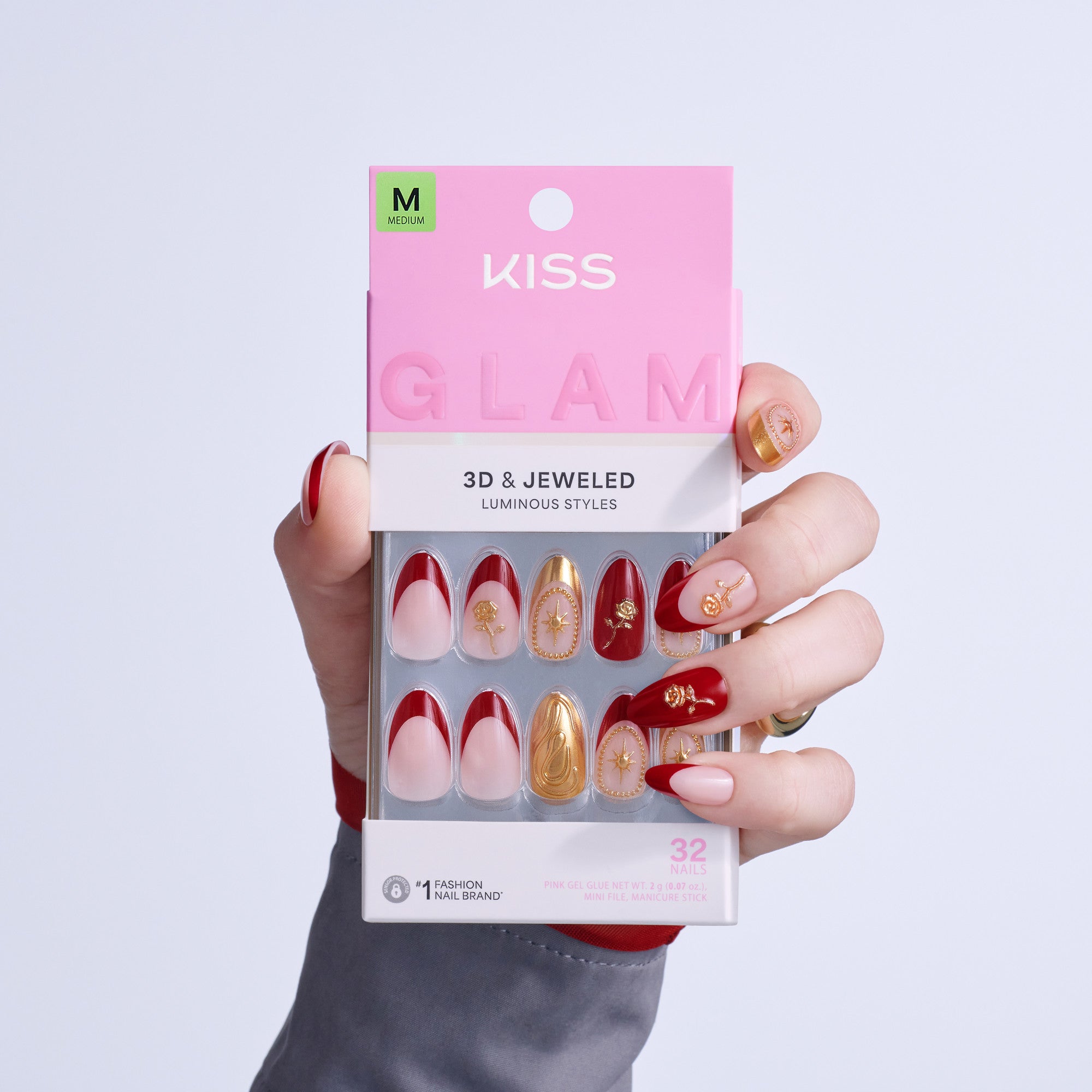 Kiss Glam 3D &amp; Jeweled Press On Fake Glue Nails - Weekend | 3D &amp; Jewel Design, Red, Medium, Almond