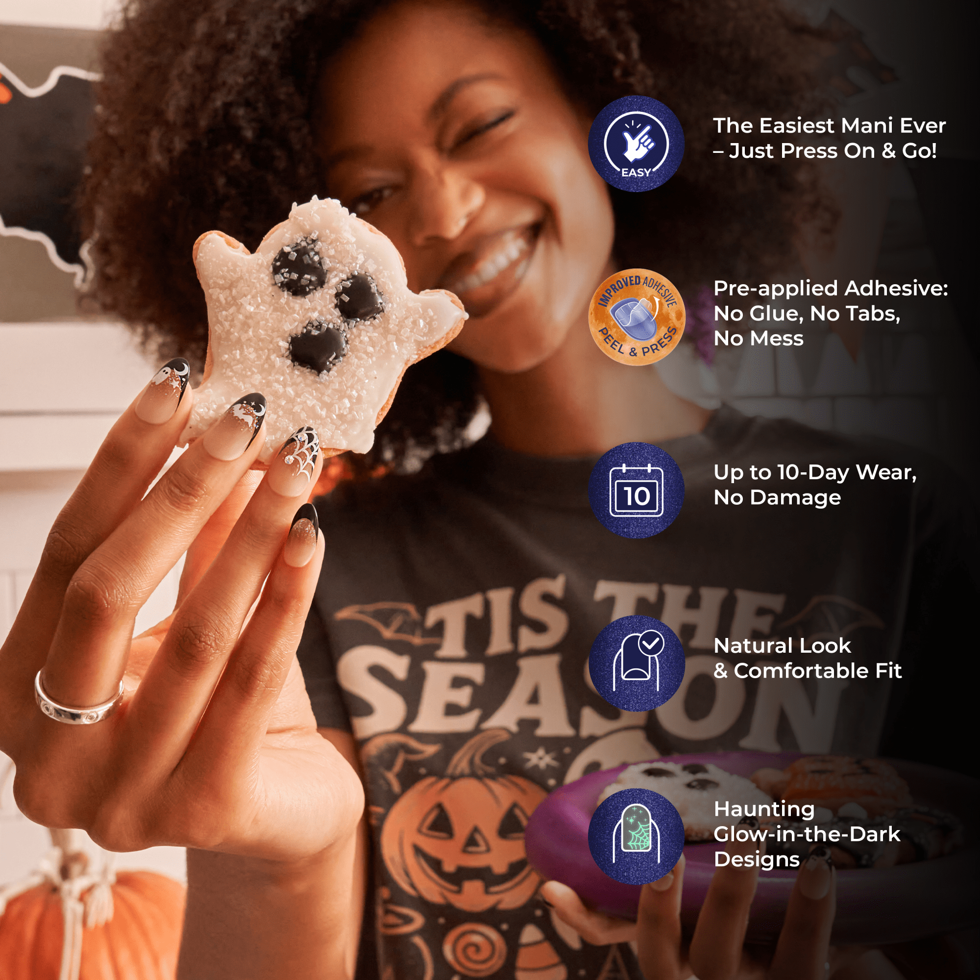 Impress Design Halloween No Glue Fake Press On Nails - Eternal Night | Design, Orange &amp; Black, Short, Squoval, Glow In The Dark, Manicure