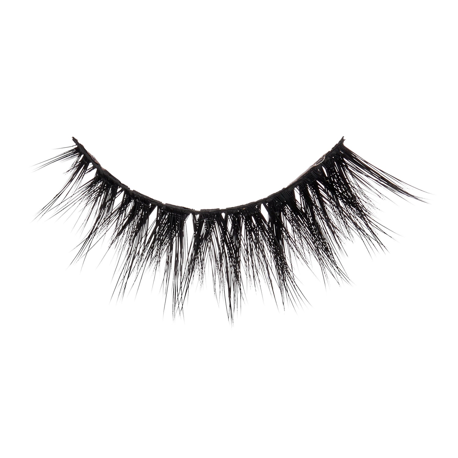 Pair of black false eyelashes with dramatic volume and length against white background.