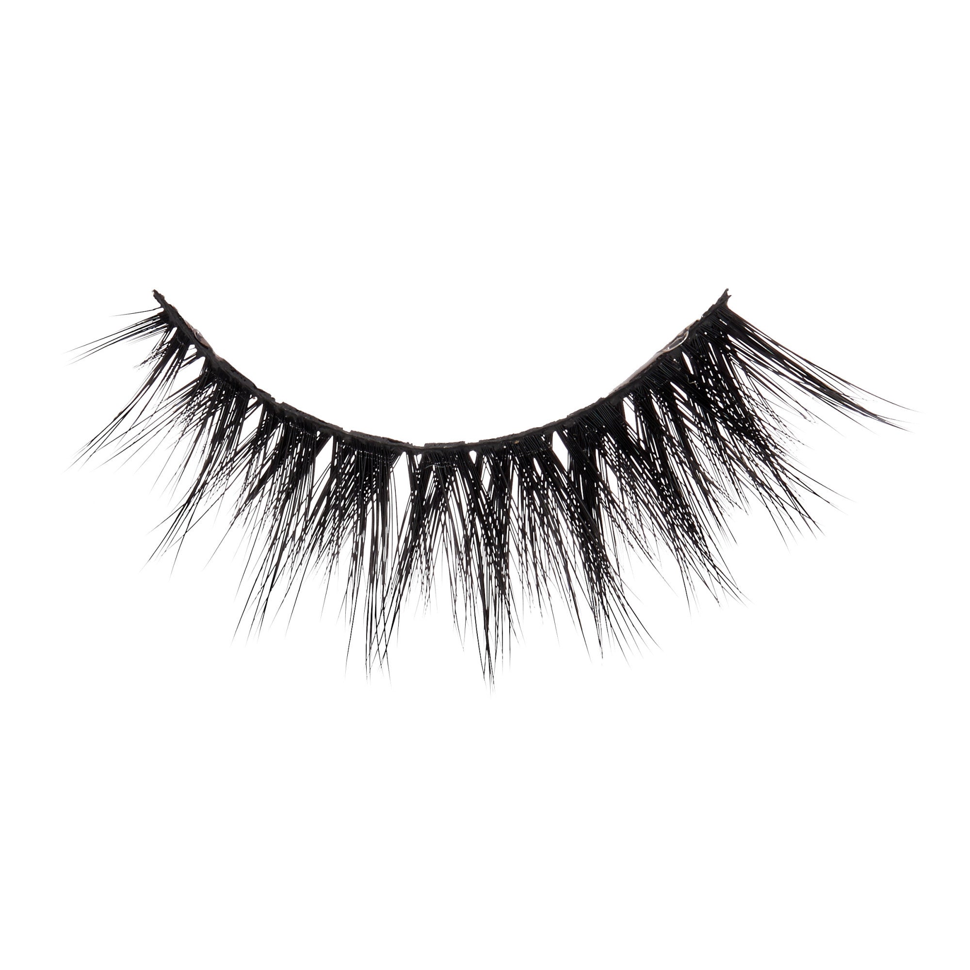Pair of black false eyelashes with dramatic volume and length against white background.
