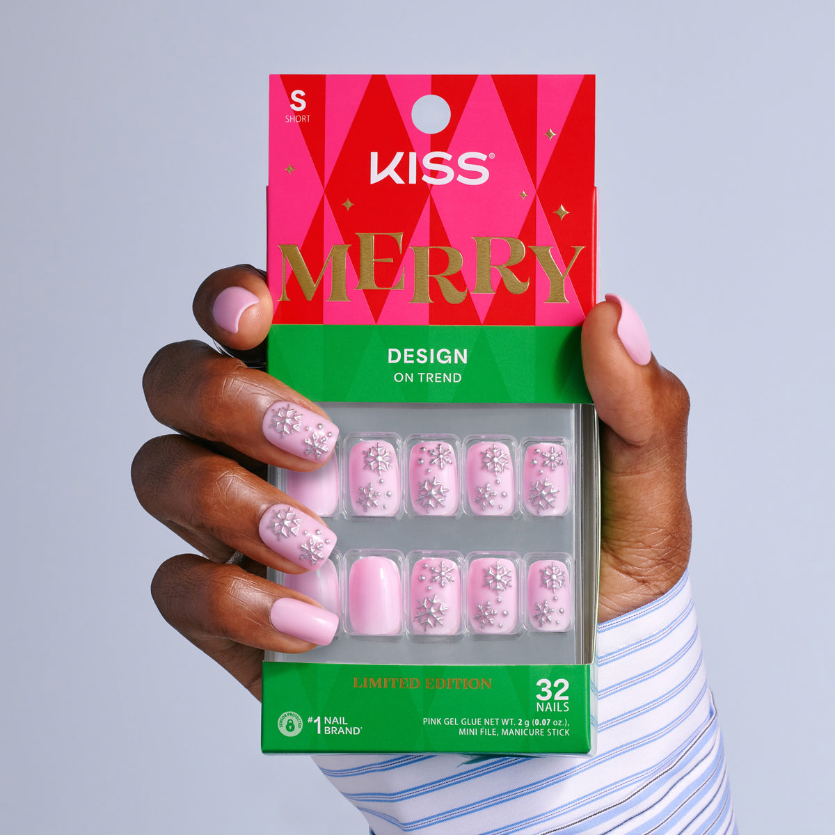 Kiss Merry Holiday Press On Fake Glue Nails - Mistle Glow | Design, Pink, Short, Squoval