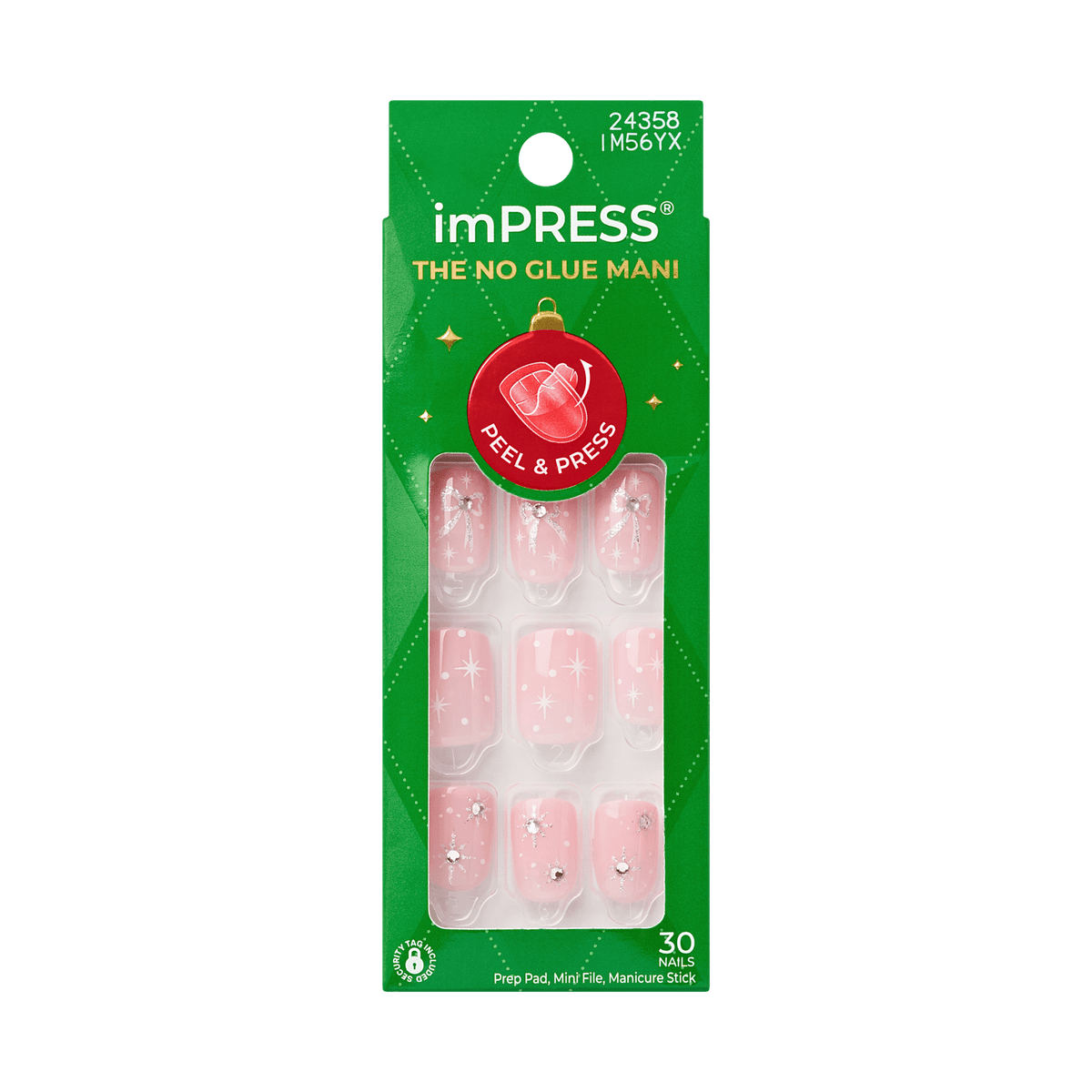 Impress Design Holiday No Glue Fake Press On Nails - Opulent Glow | 3D &amp; Jewel Design, Pink, Short, Squoval, Manicure
