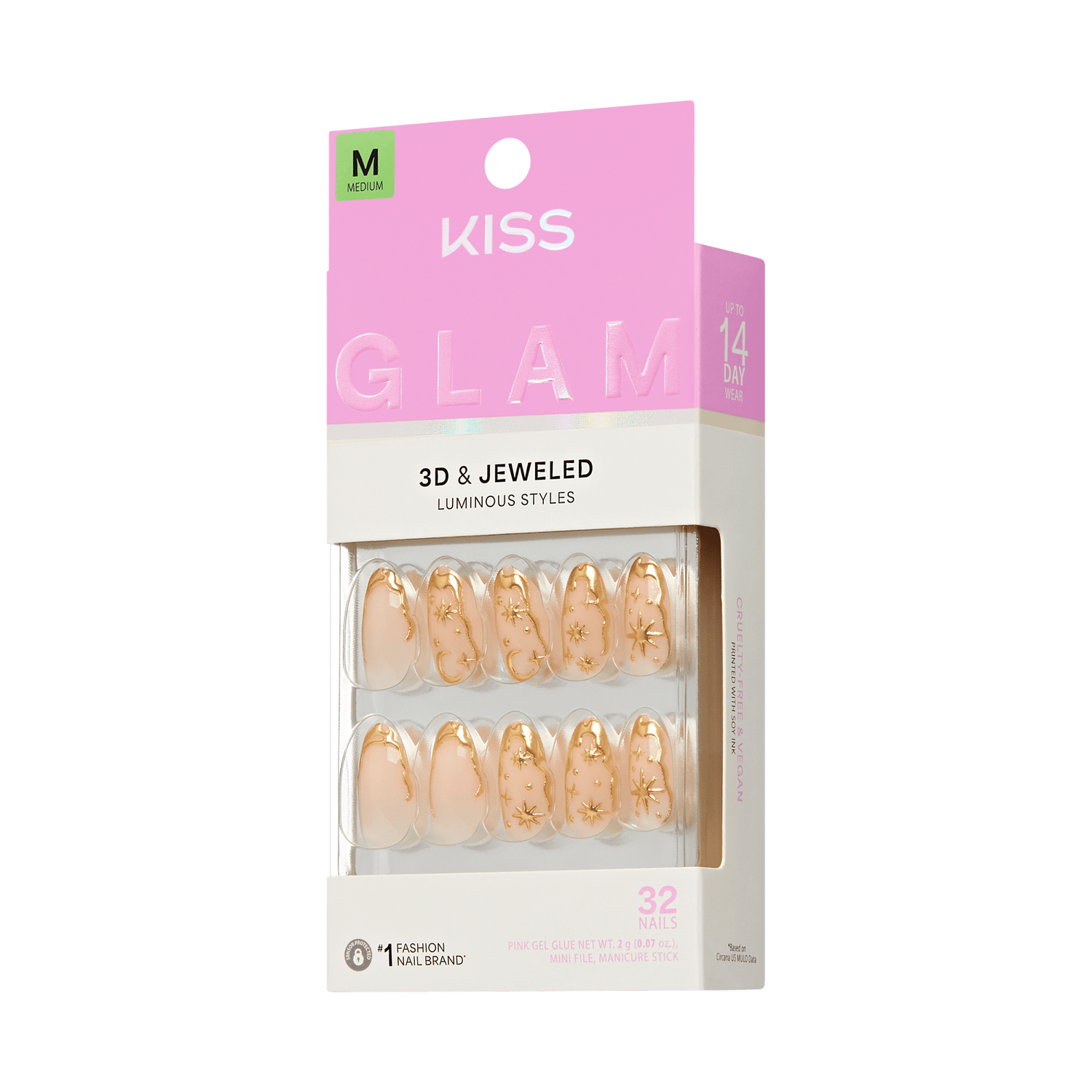 Kiss Glam 3D &amp; Jeweled Press On Fake Glue Nails - Golden | 3D &amp; Jewel Design, Gold, Medium, Almond