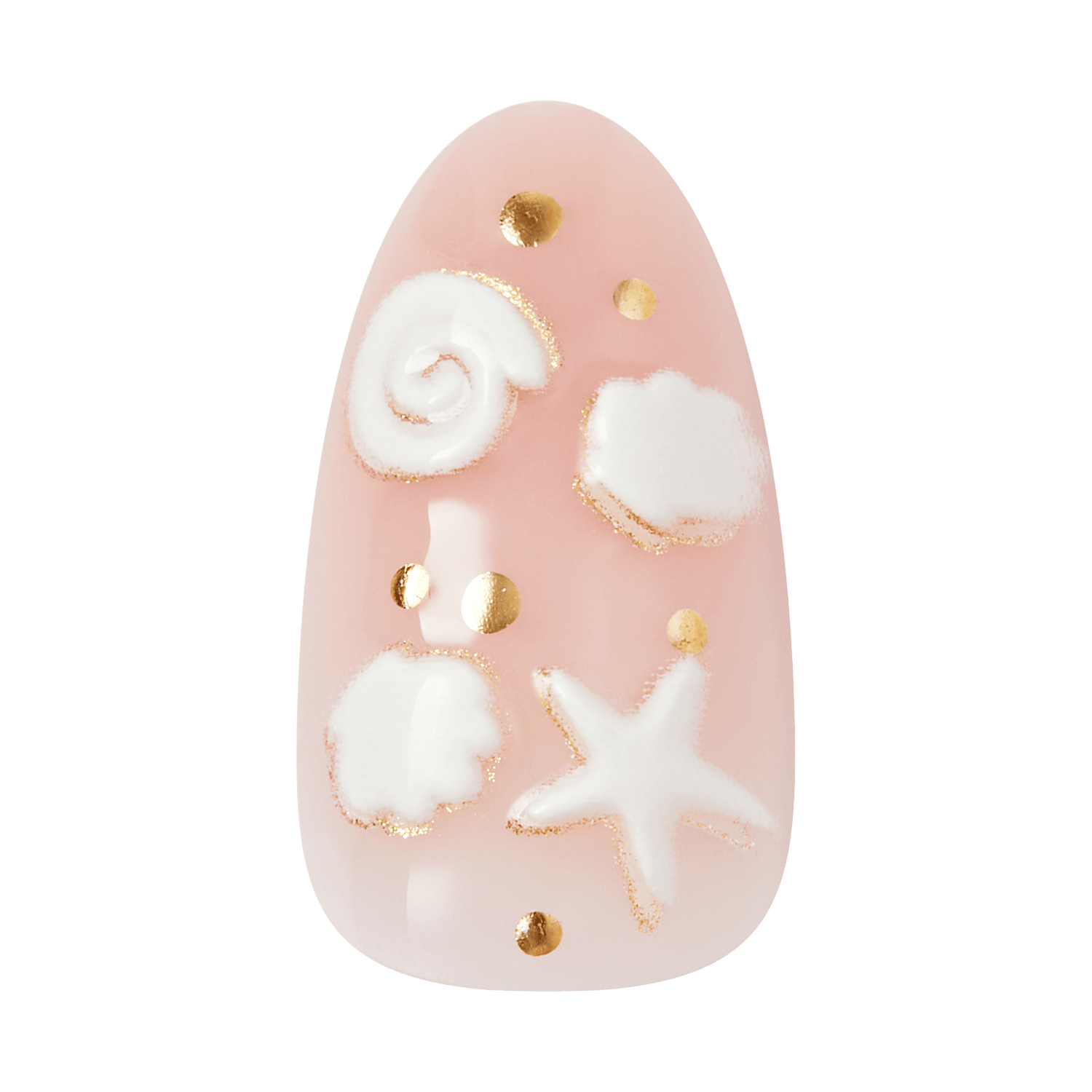 Decorative nail art with white clouds, gold dots, and a starfish on a pink background
