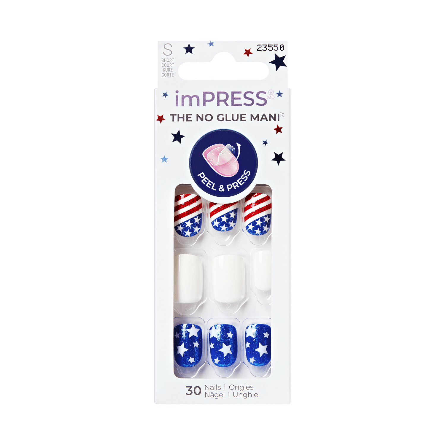 Packaging of imPRESS no glue nail art with American flag design on a transparent background