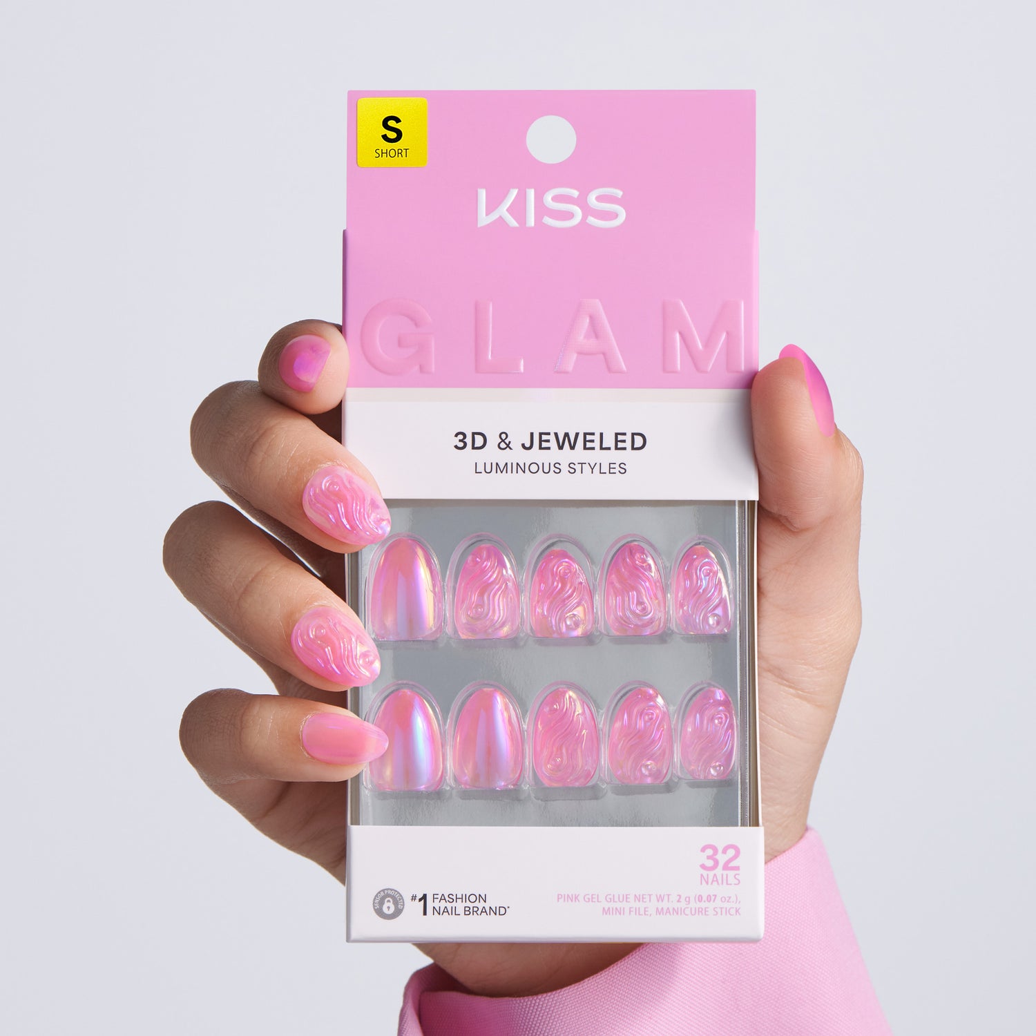 Kiss Glam Jeweled Press On Fake Glue Nails - Starry Chiffon | 3D &amp; Jeweled Design, Pink, Short, Almond