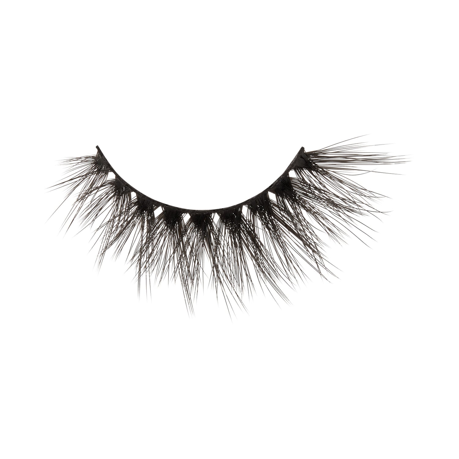 Dramatic false eyelashes with full, wispy black lashes and dark band.