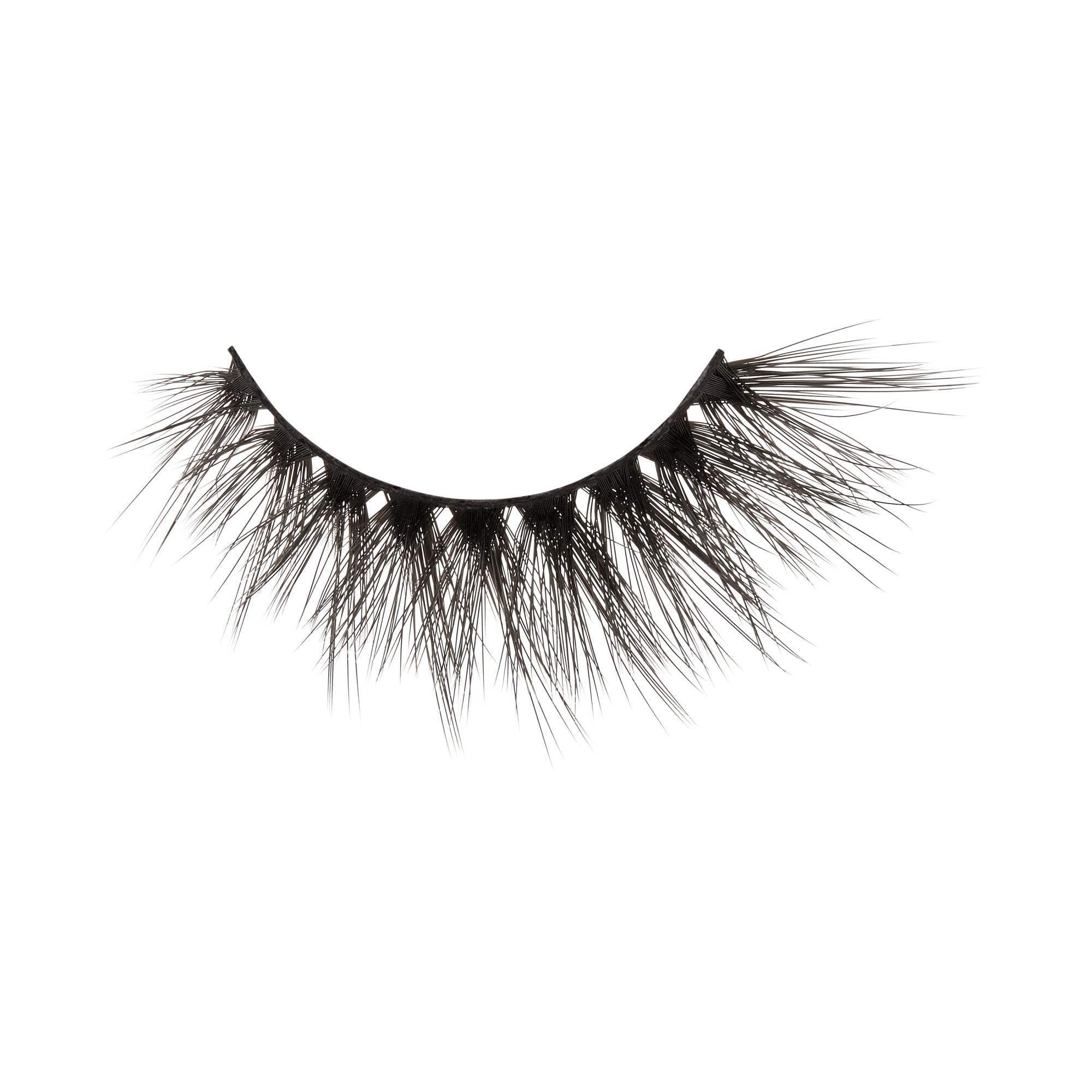 Dramatic false eyelashes with full, wispy black lashes and dark band.