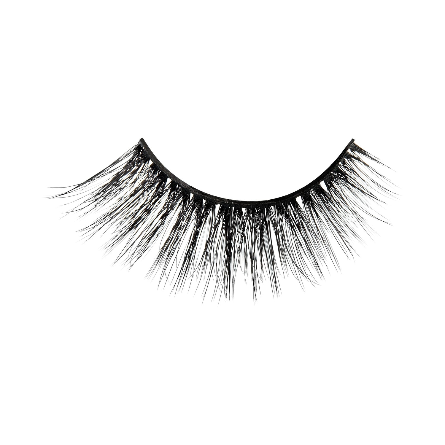 Black false eyelashes with full, voluminous lashes on a white background.