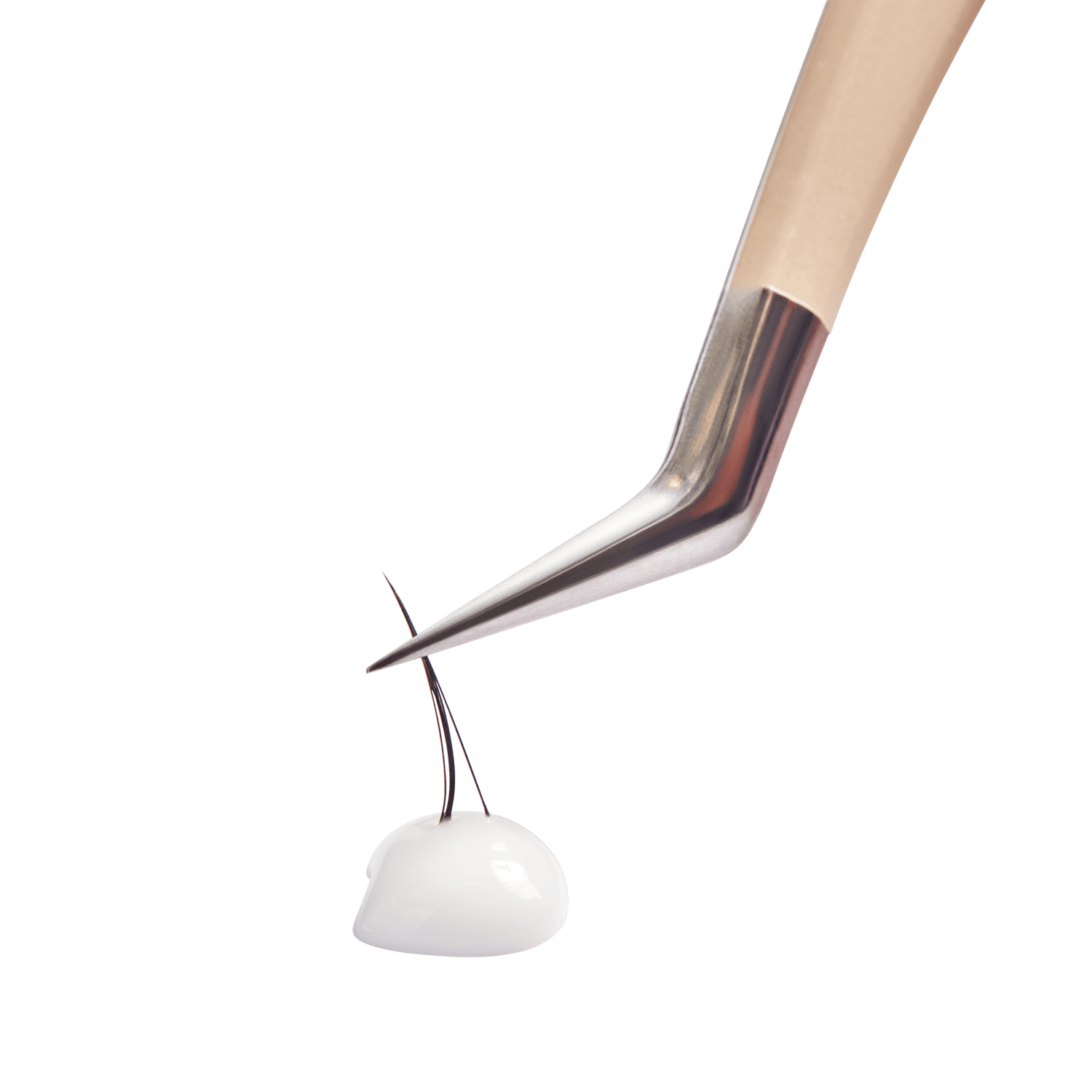 Precision tweezers holding two hairs over white gel or adhesive droplet
